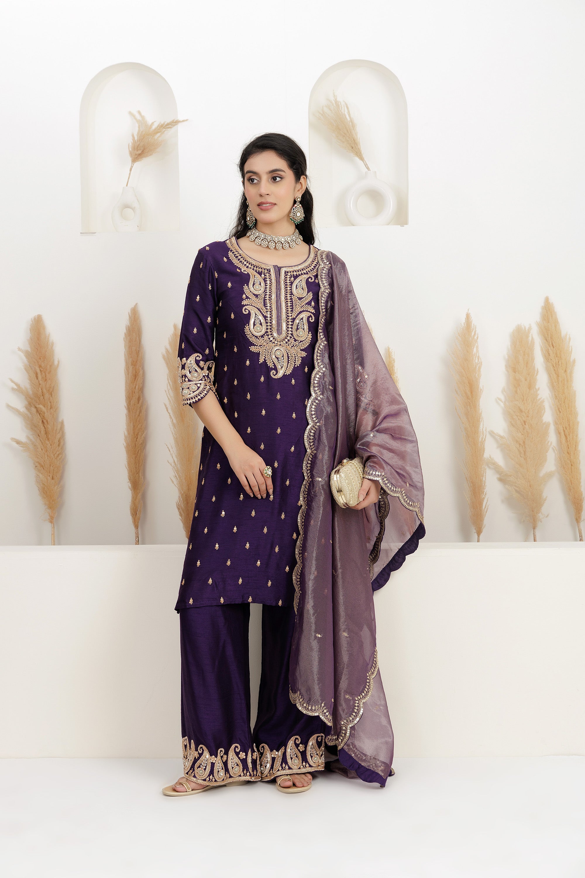 purple bamber silk embroidered suit with palazzo and dupatta.
