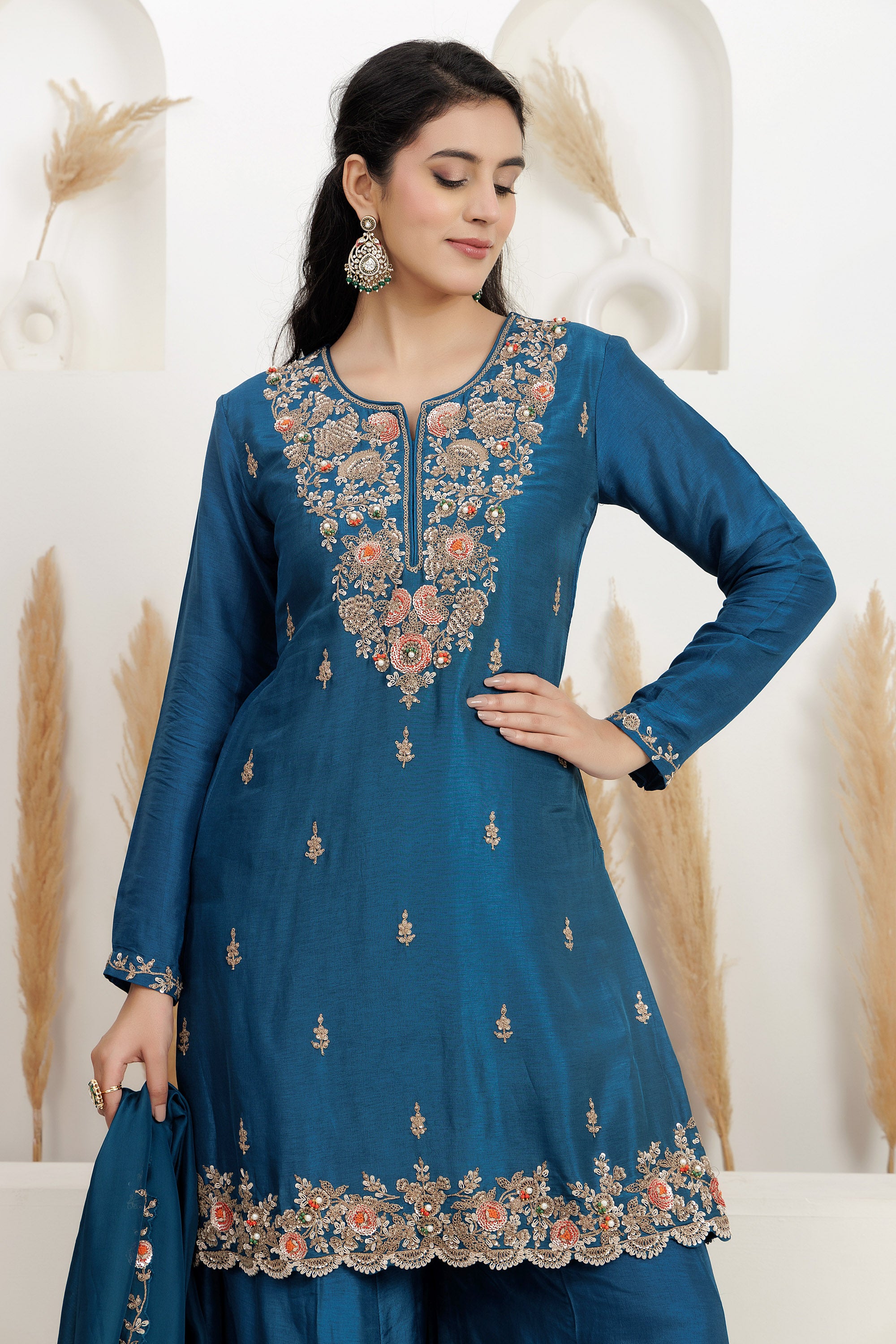 royal blue Silk Embroidered Sharara Set