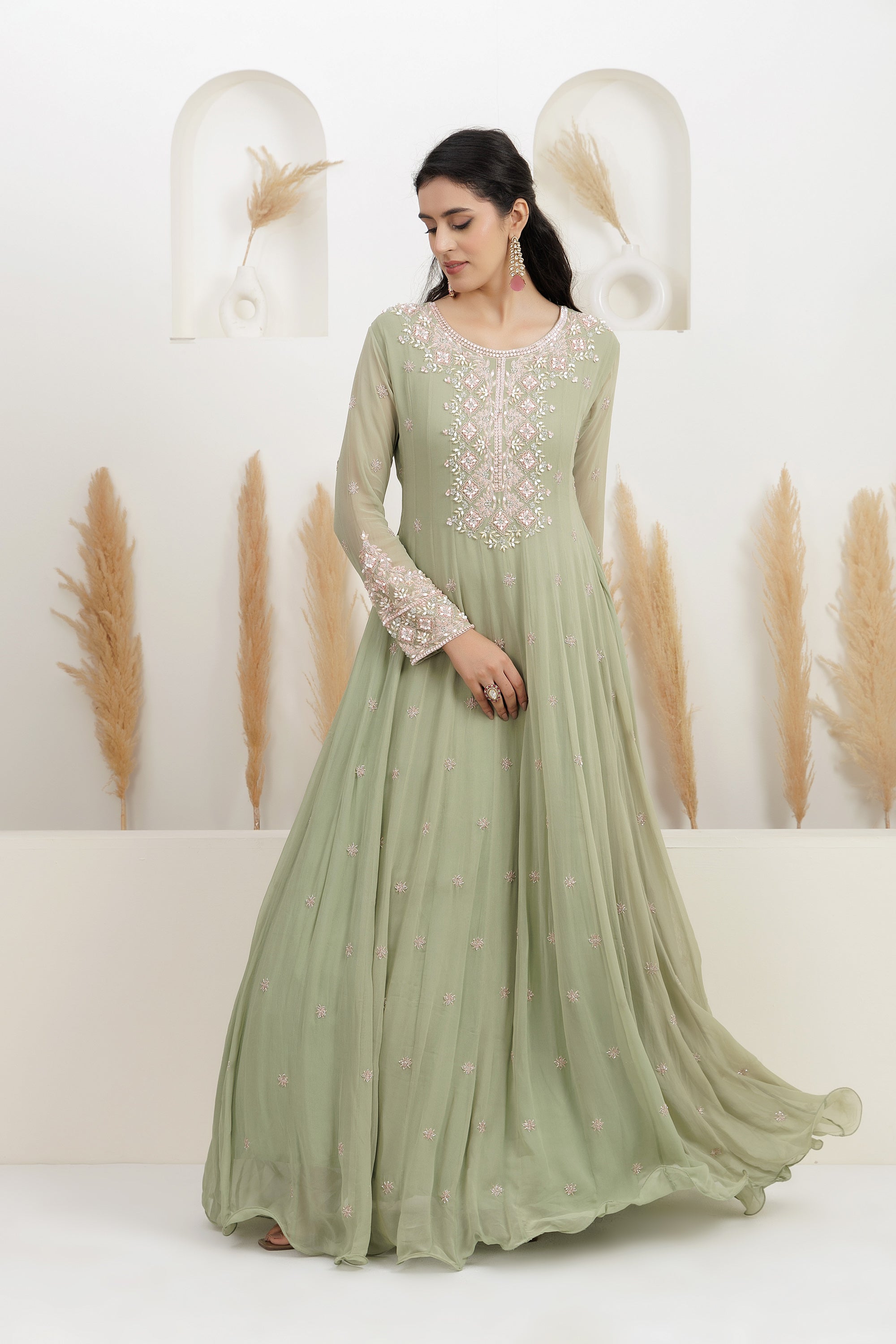 sage Green Embroidered Gown.