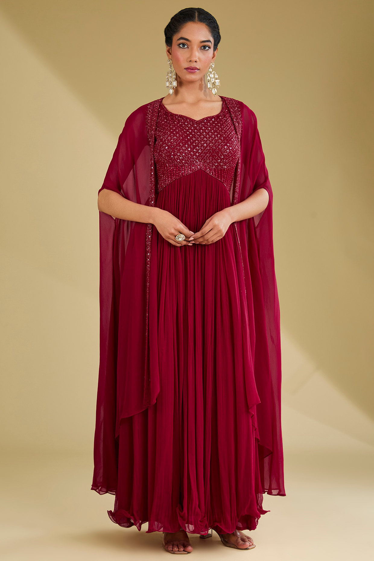 Red Georgette Sequins Embroidered Gown With Jacket