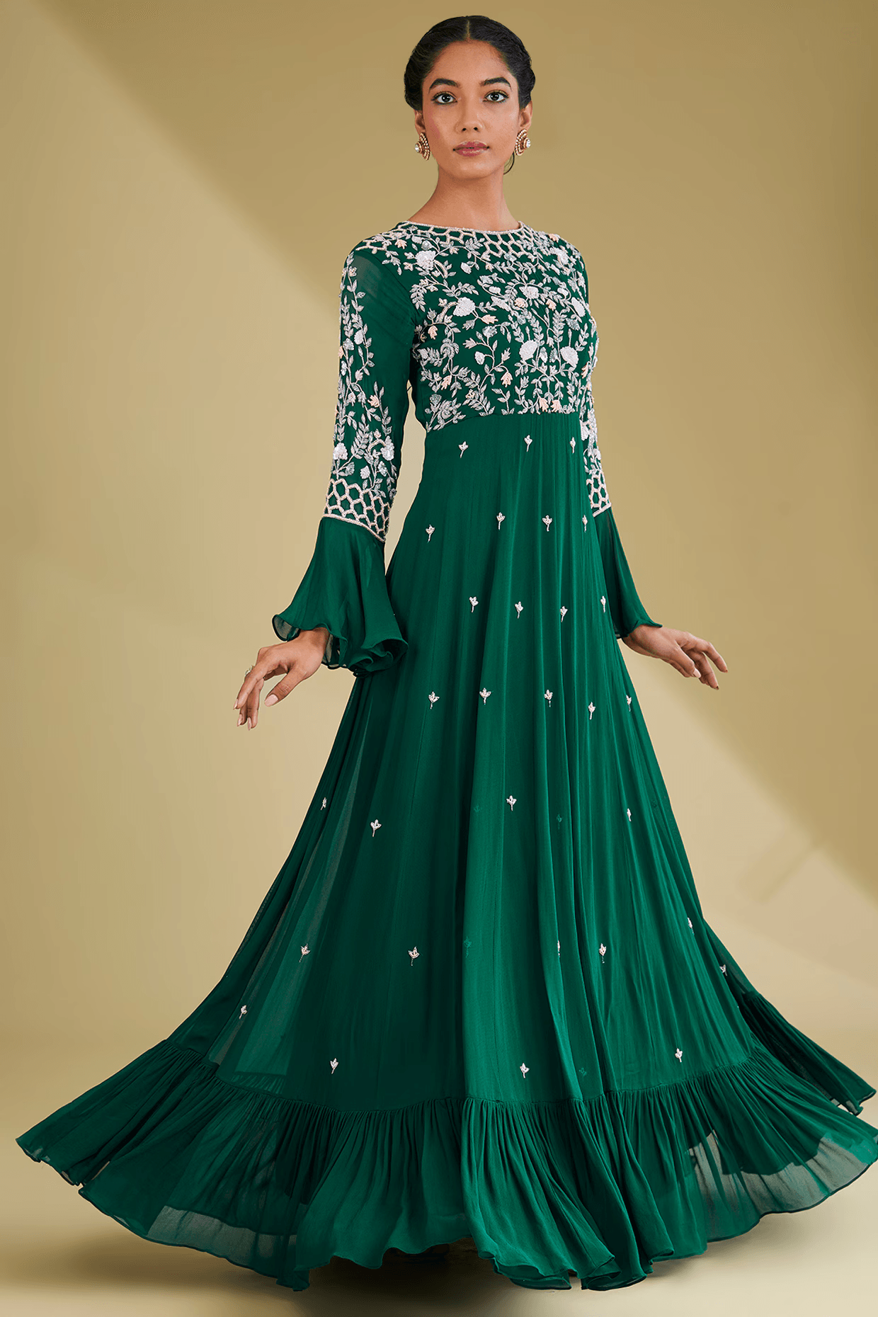 Bottle Green Georgette Floral Hand Embroidered Gown