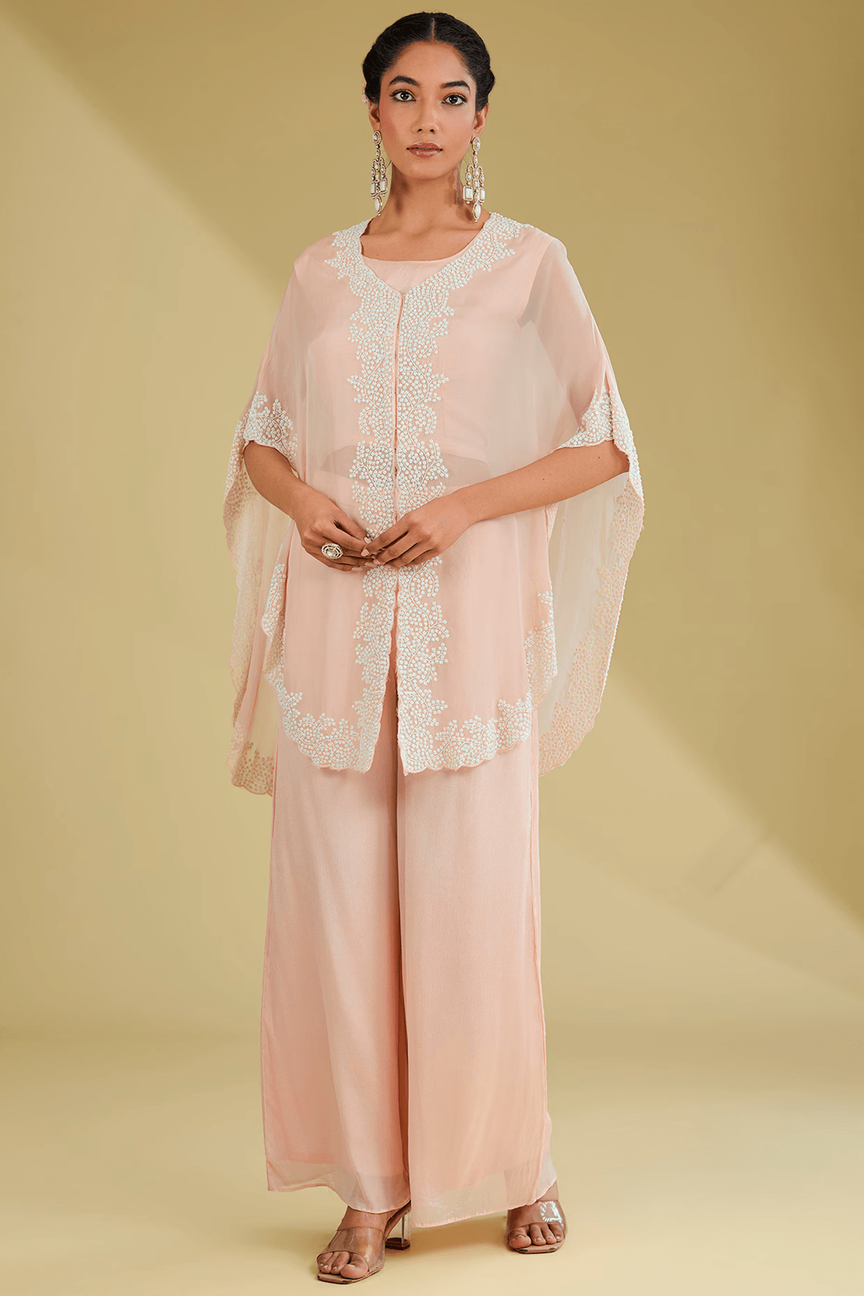 Peach Organza Cutdana Embroidered Cape Set