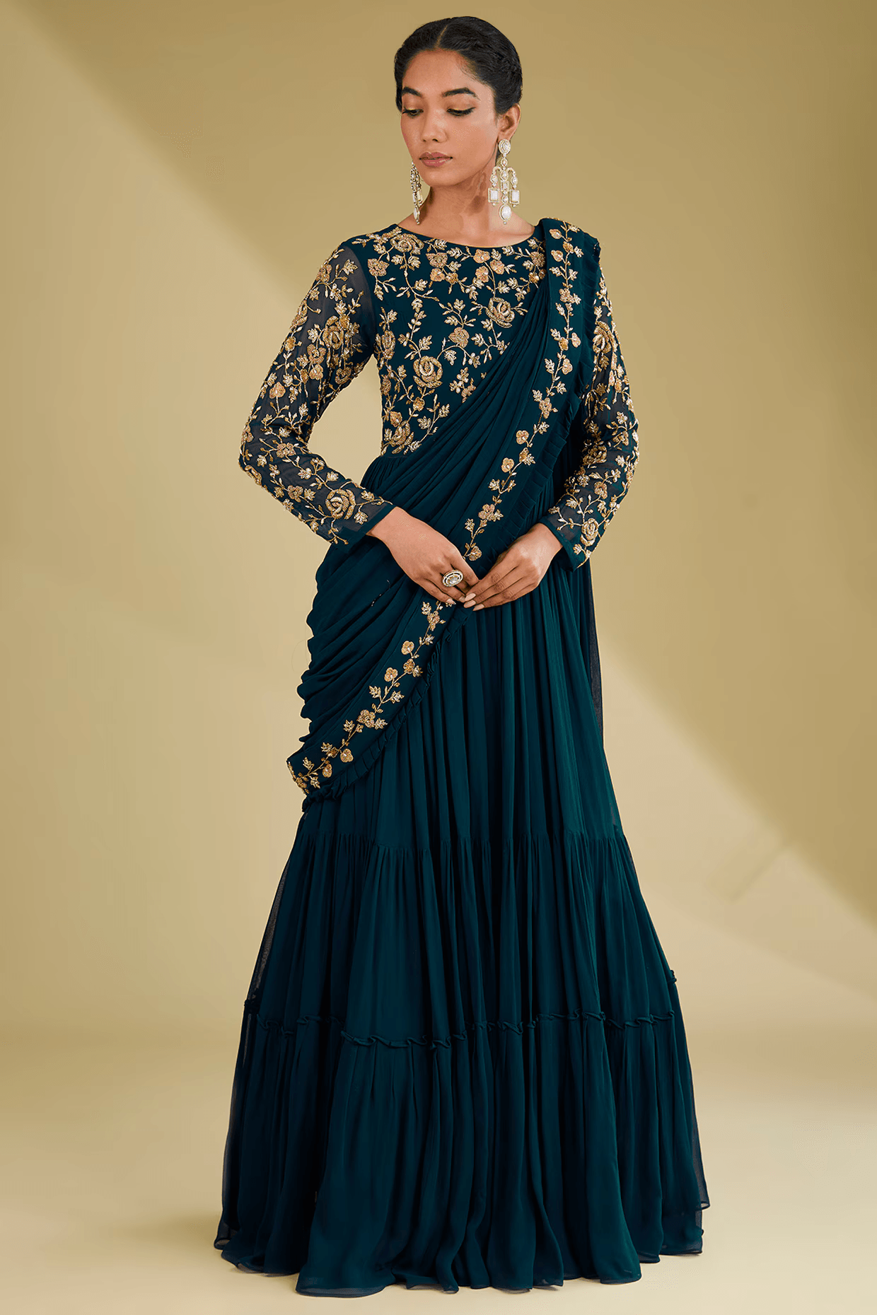 Navy Blue Georgette Sequins Embroidered Draped Gown Saree