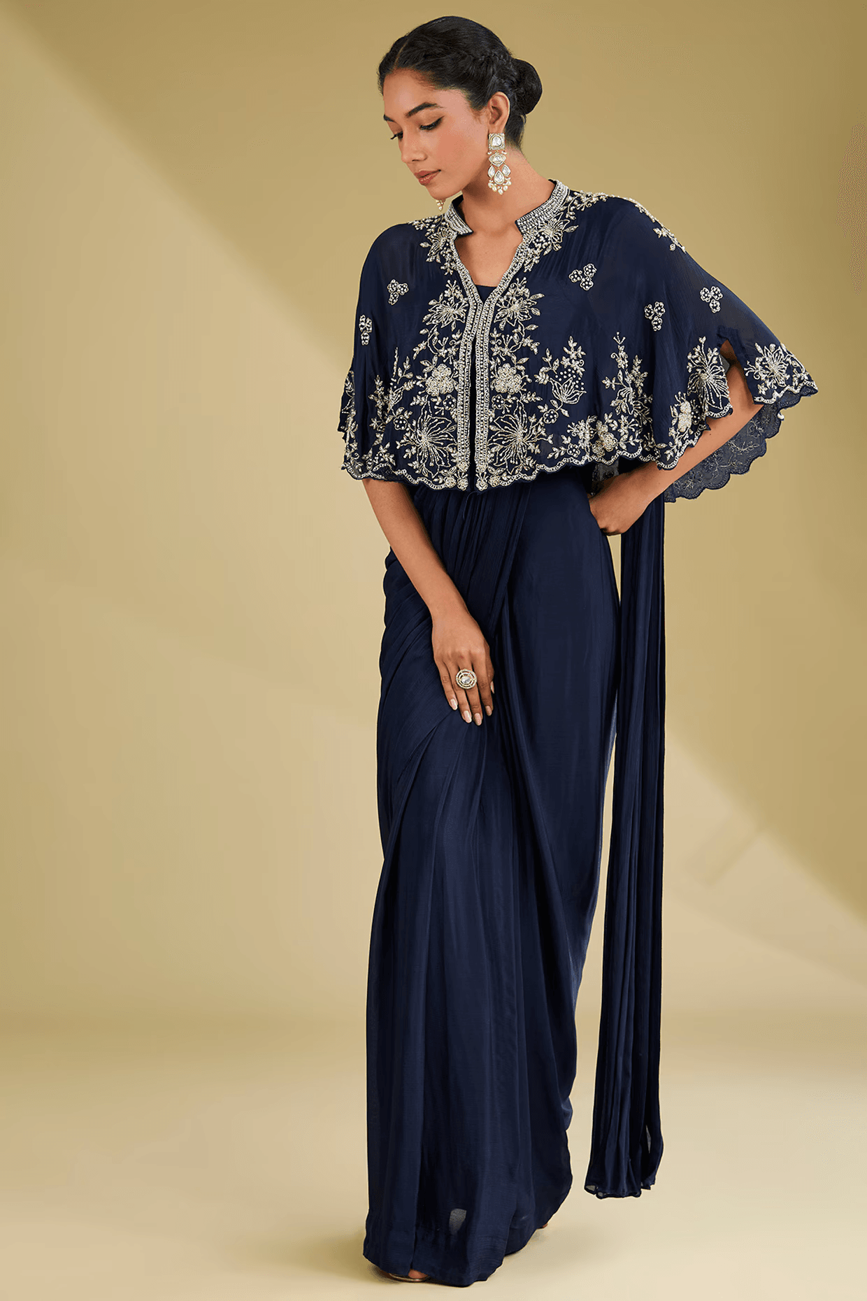 Navy Blue Chinon Georgette Cutdana Embroidered Pre-Stitched Saree Set
