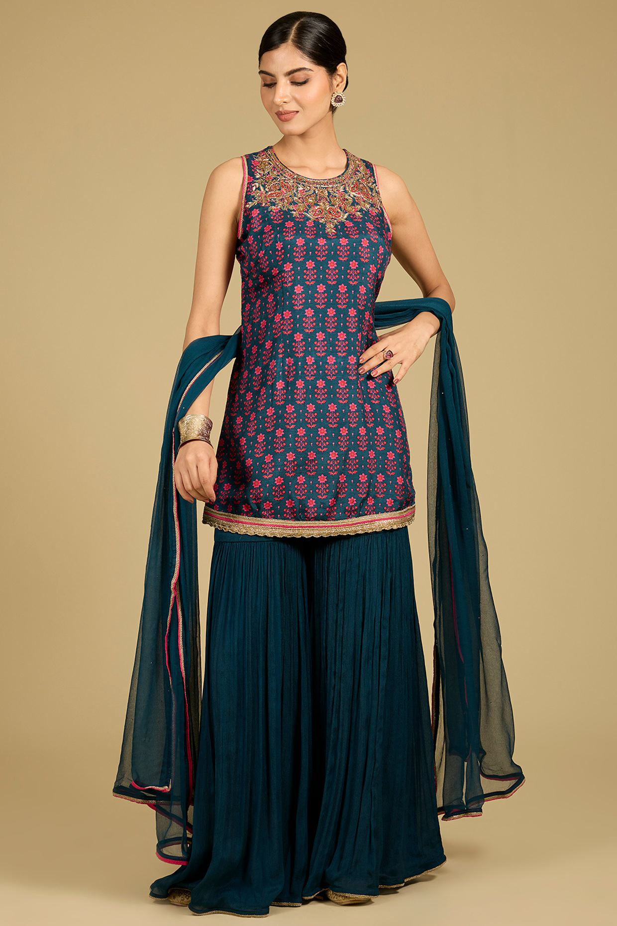 Cobalt Blue Dola Silk Zardosi Work & Printed Kurta Set