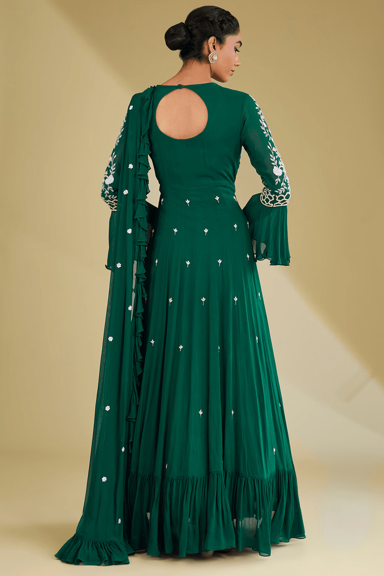 Bottle Green Georgette Floral Hand Embroidered Gown