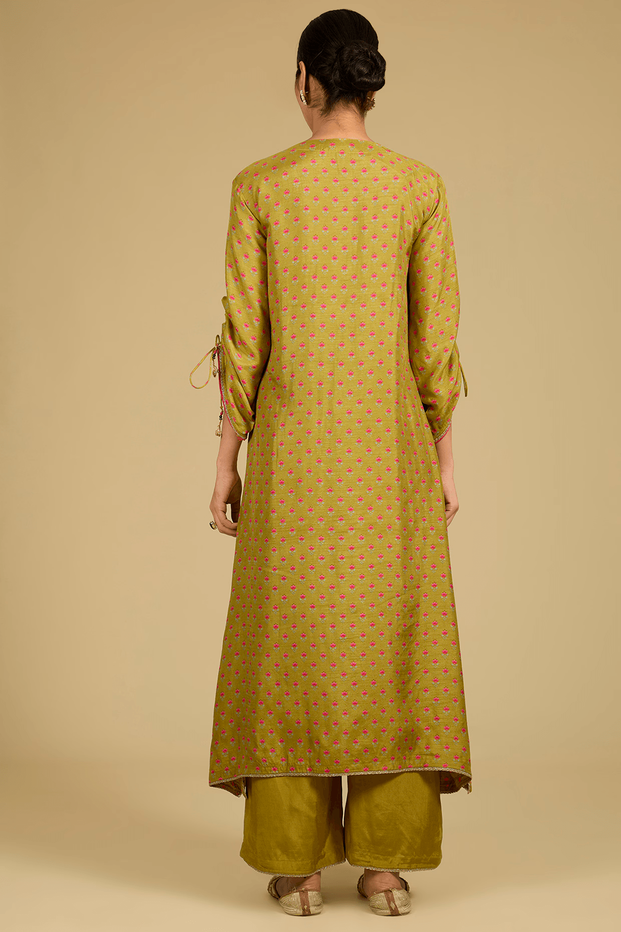 Mustard Dola Silk Printed & Bead Work Kurta Set