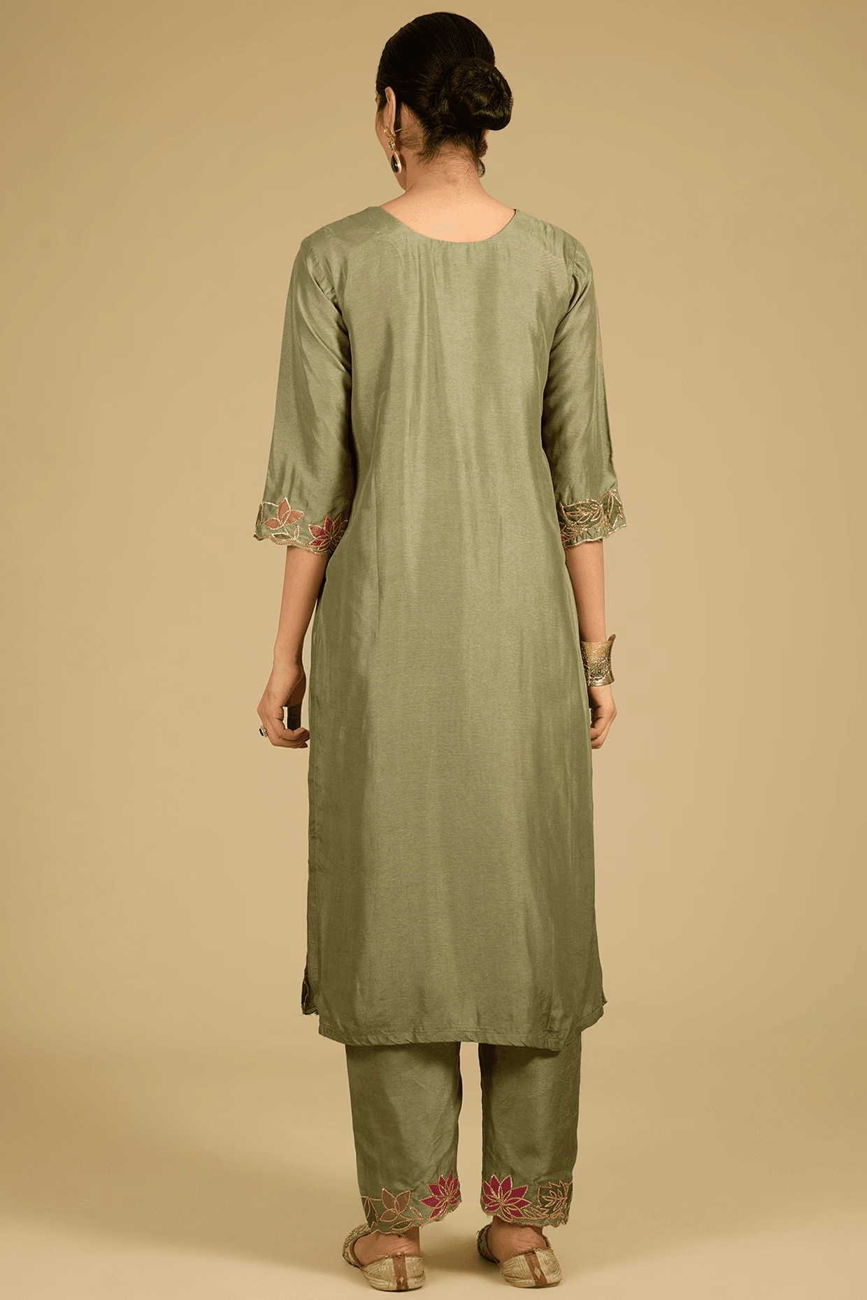 Sage Green Cotton Chanderi Applique Work Kurta Set