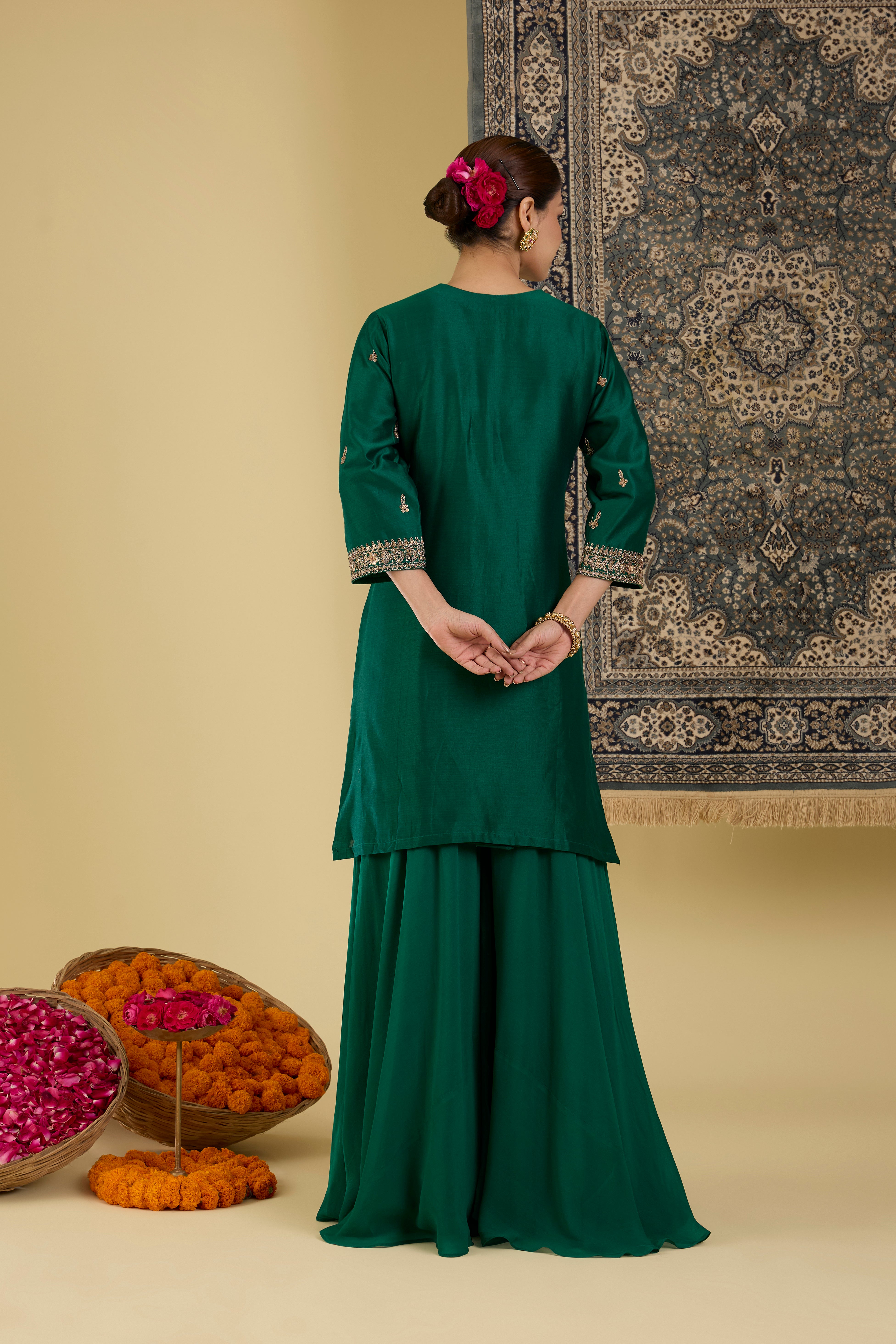 Bottle Green Heavy Straight Suit With Sharara And Dupatta. XL Bottle Green Heavy Straight Suit With Sharara And Dupatta. XL