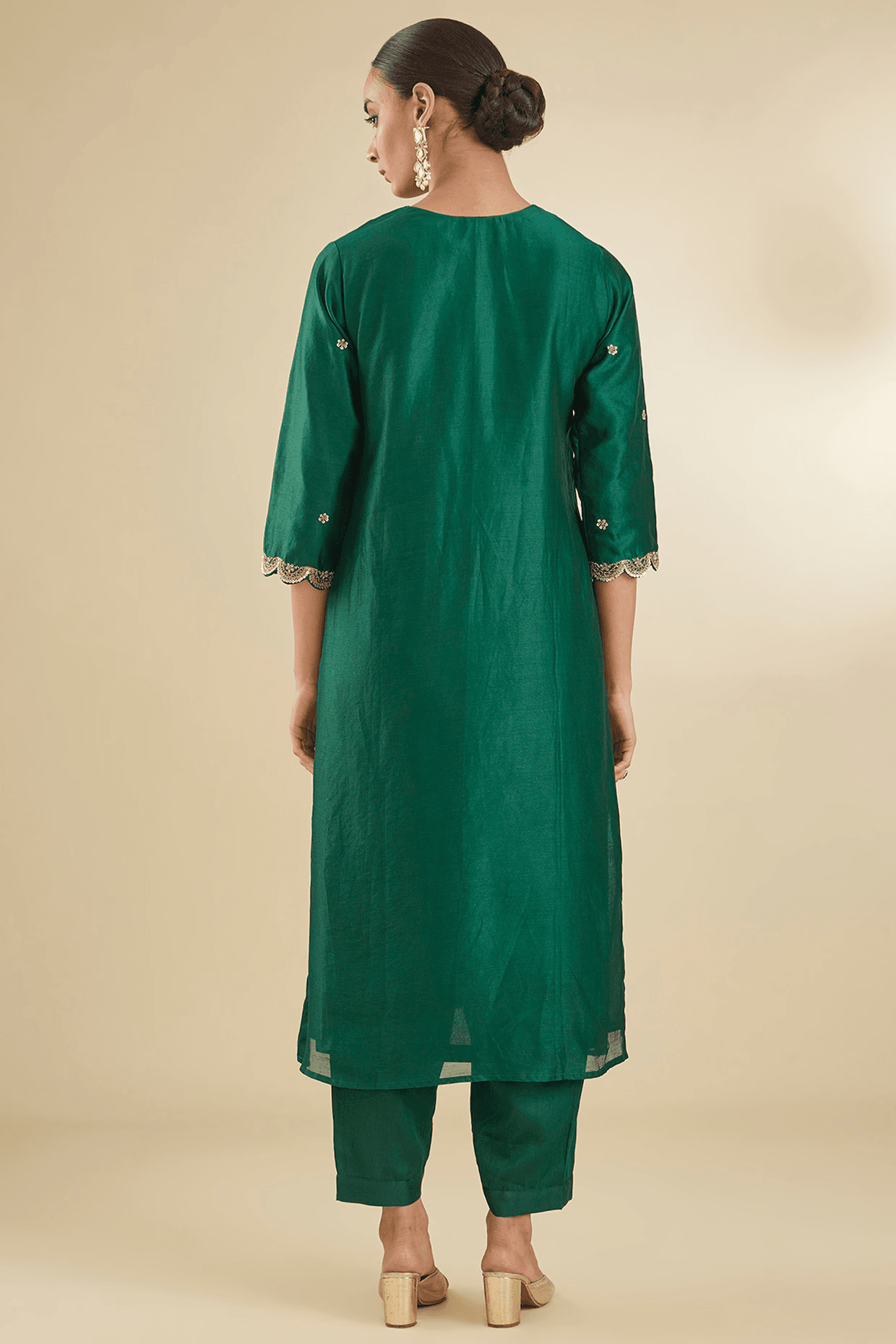 Bottle Green Chanderi Silk Sequins & Dabka Embroidered Kurta Set