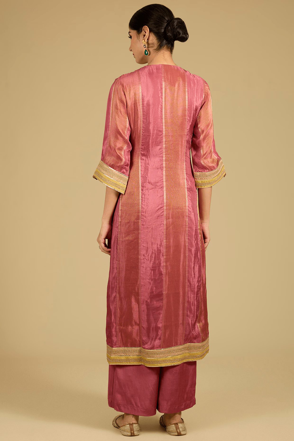 Deep Salmon Pink Shimmer Tissue Zari Work Kurta Set
