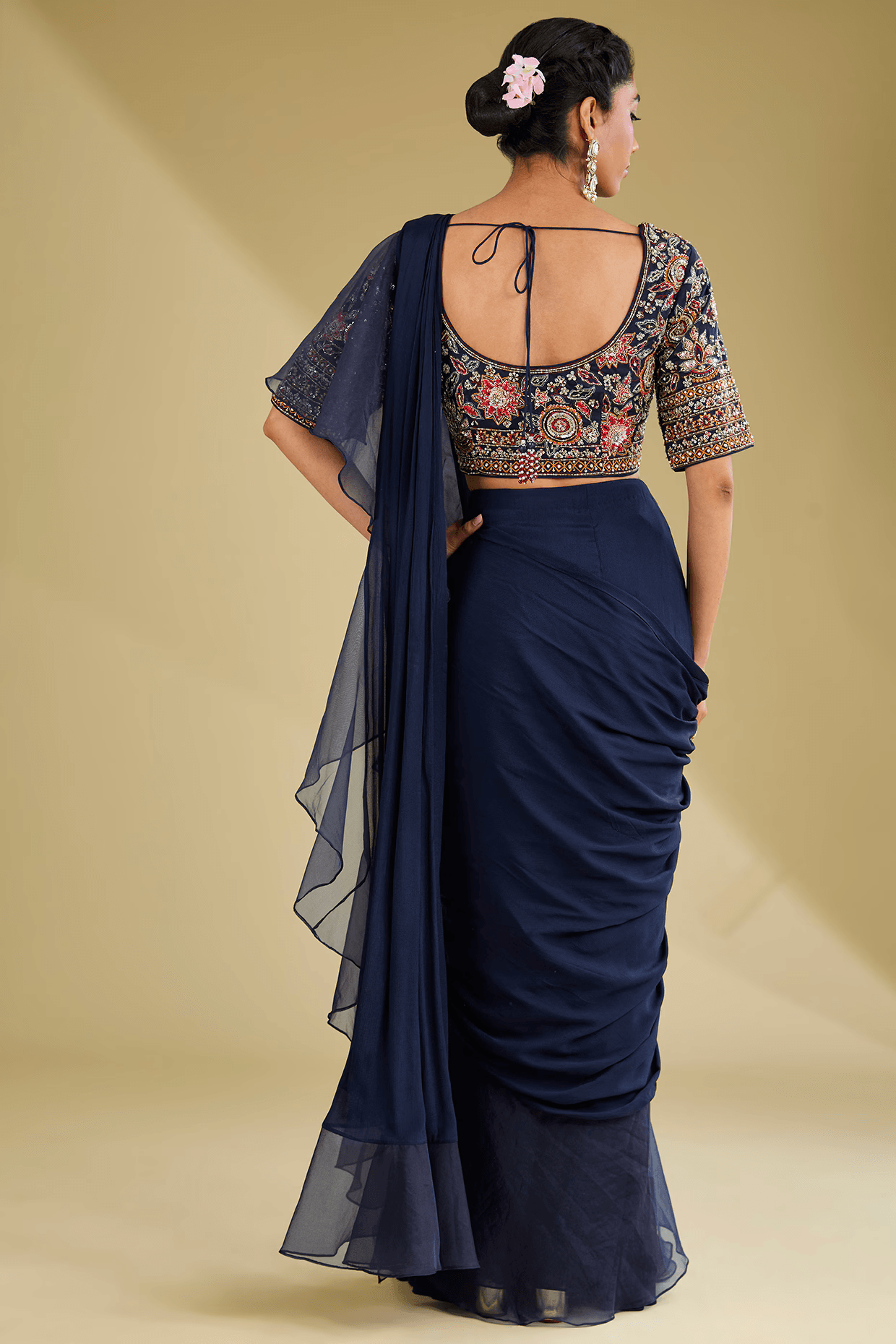 Navy Blue Organza Draped Ruffled Saree Set