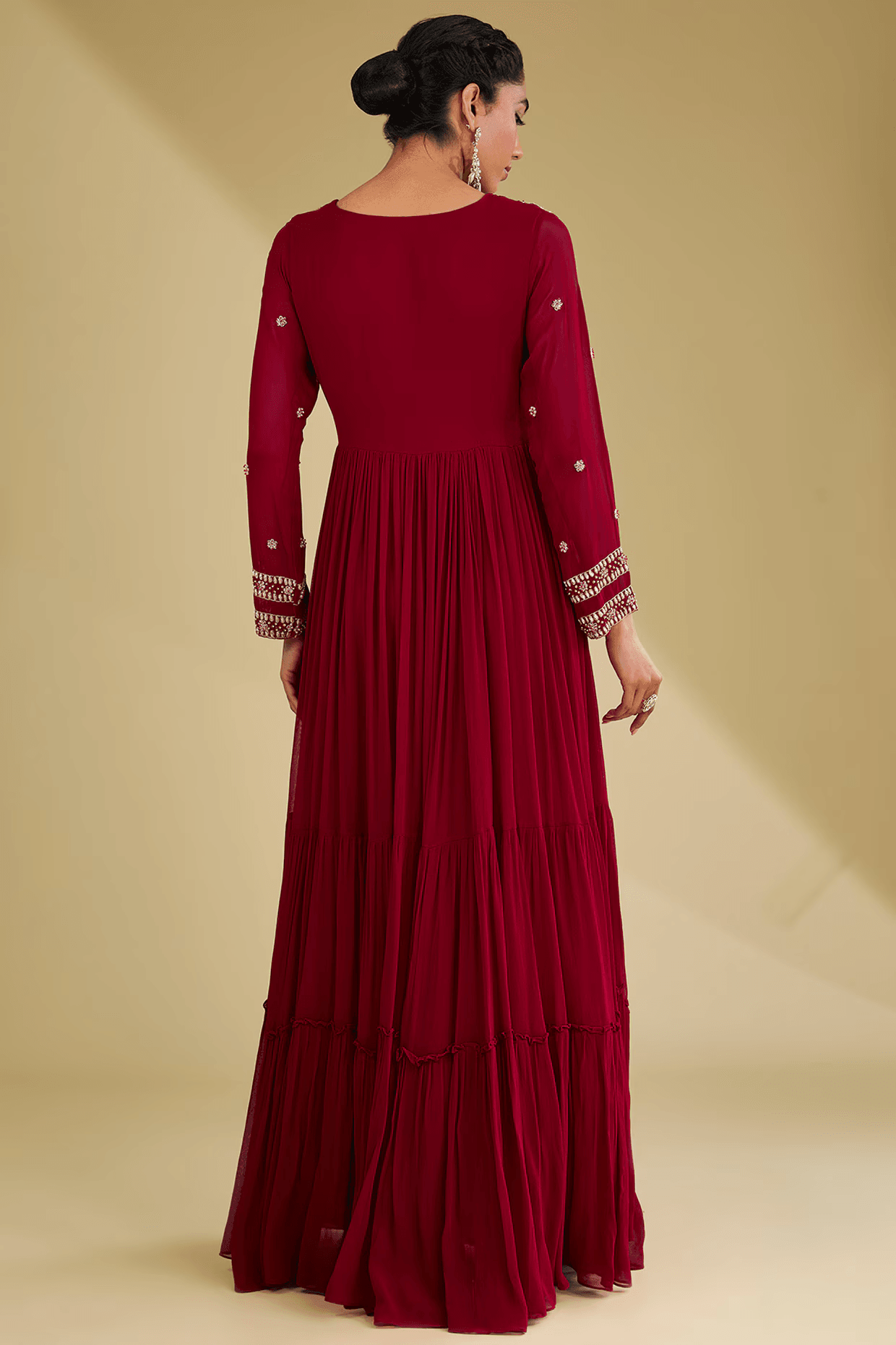 Red Georgette Resham & Dabka Embroidered Tiered Anarkali
