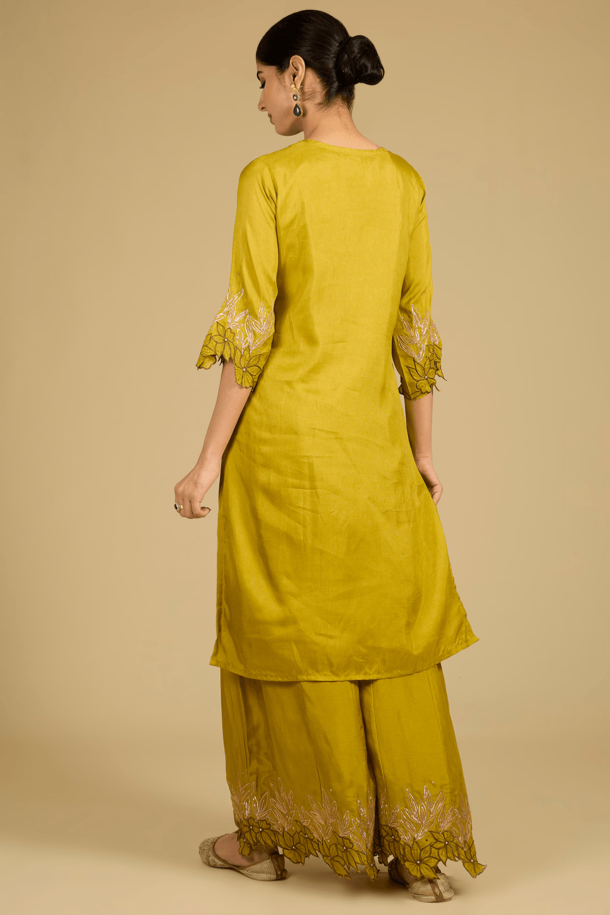 Lime Green Cotton Chanderi Applique Work Kurta Set