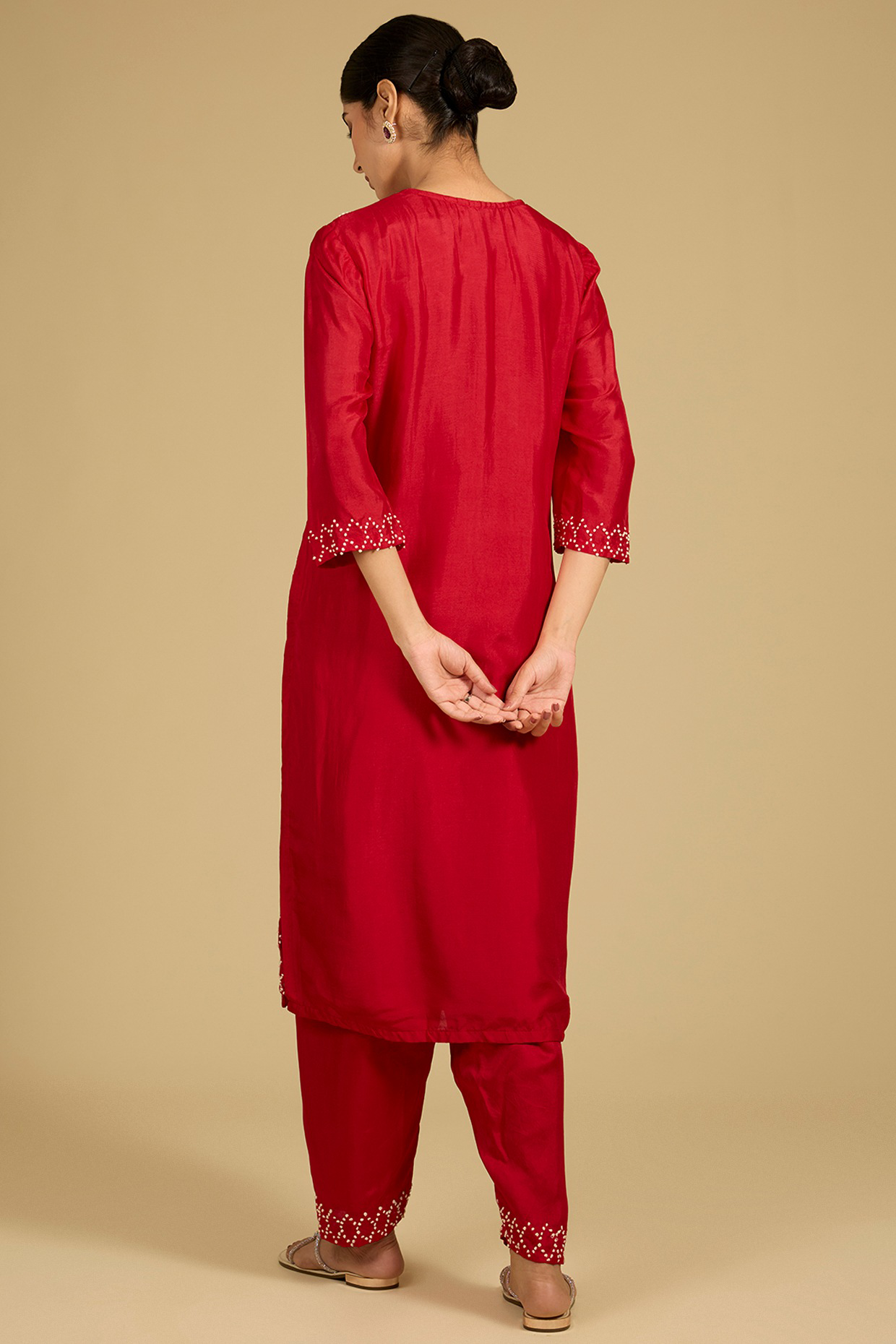 Red Cotton Chanderi Hand Embroidered Kurta Set