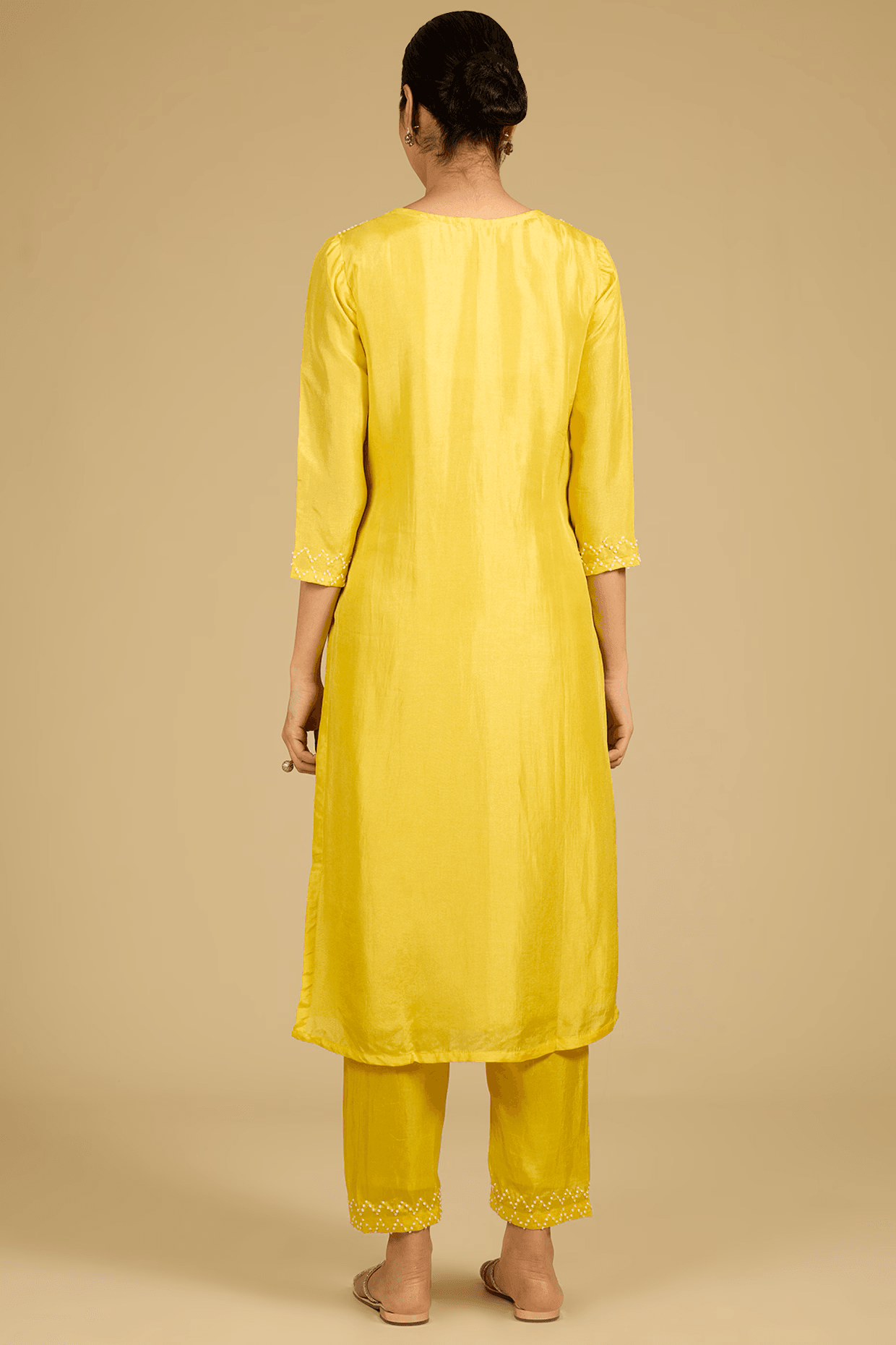 Yellow Cotton Chanderi Hand Embroidered Kurta Set