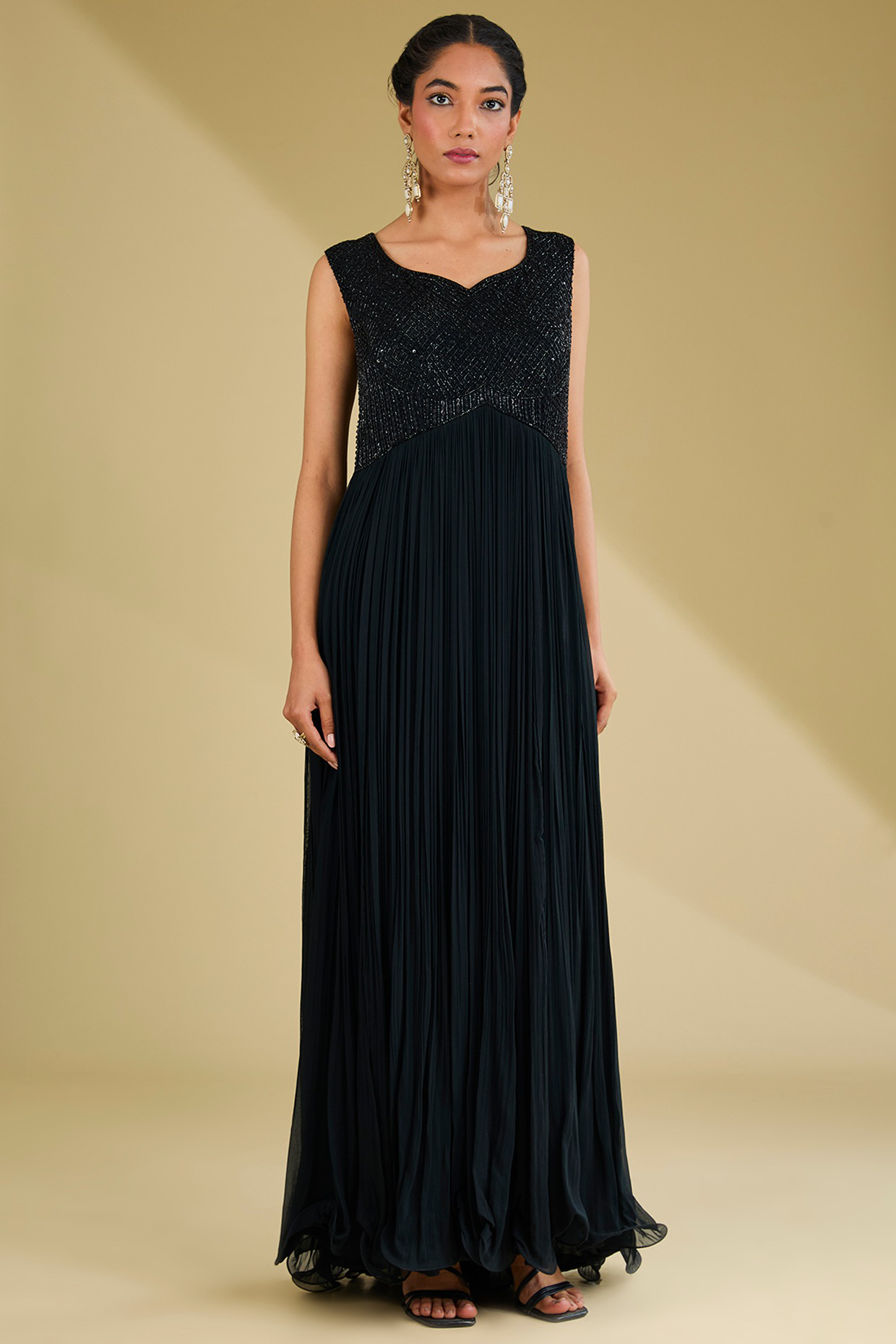 Black Georgette Sequins Embroidered Gown With Jacket