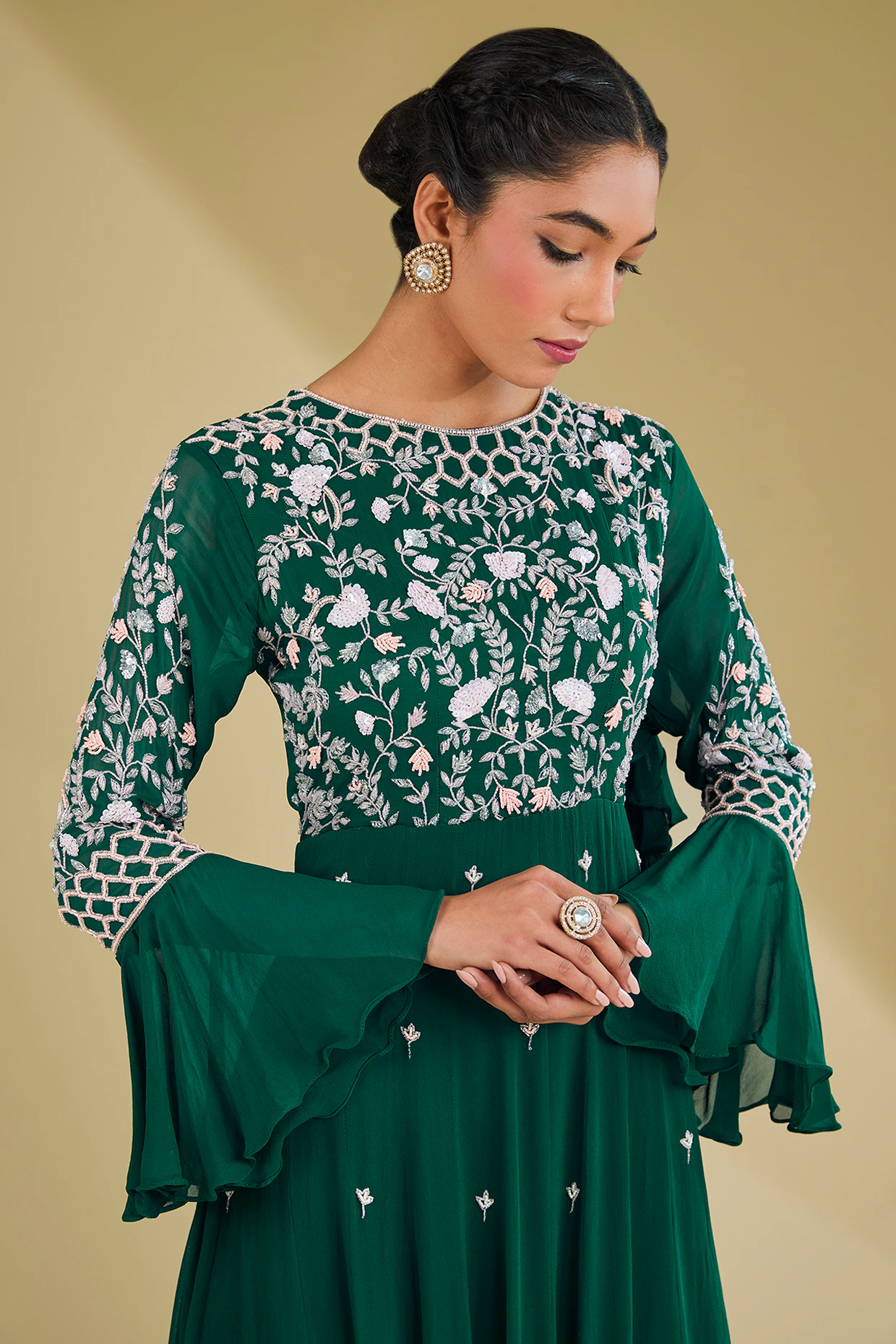 Bottle Green Georgette Floral Hand Embroidered Gown