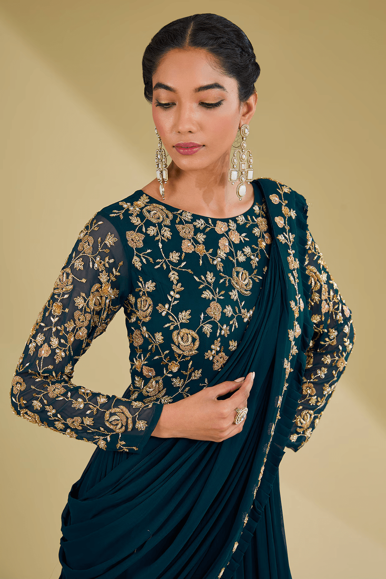 Navy Blue Georgette Sequins Embroidered Draped Gown Saree