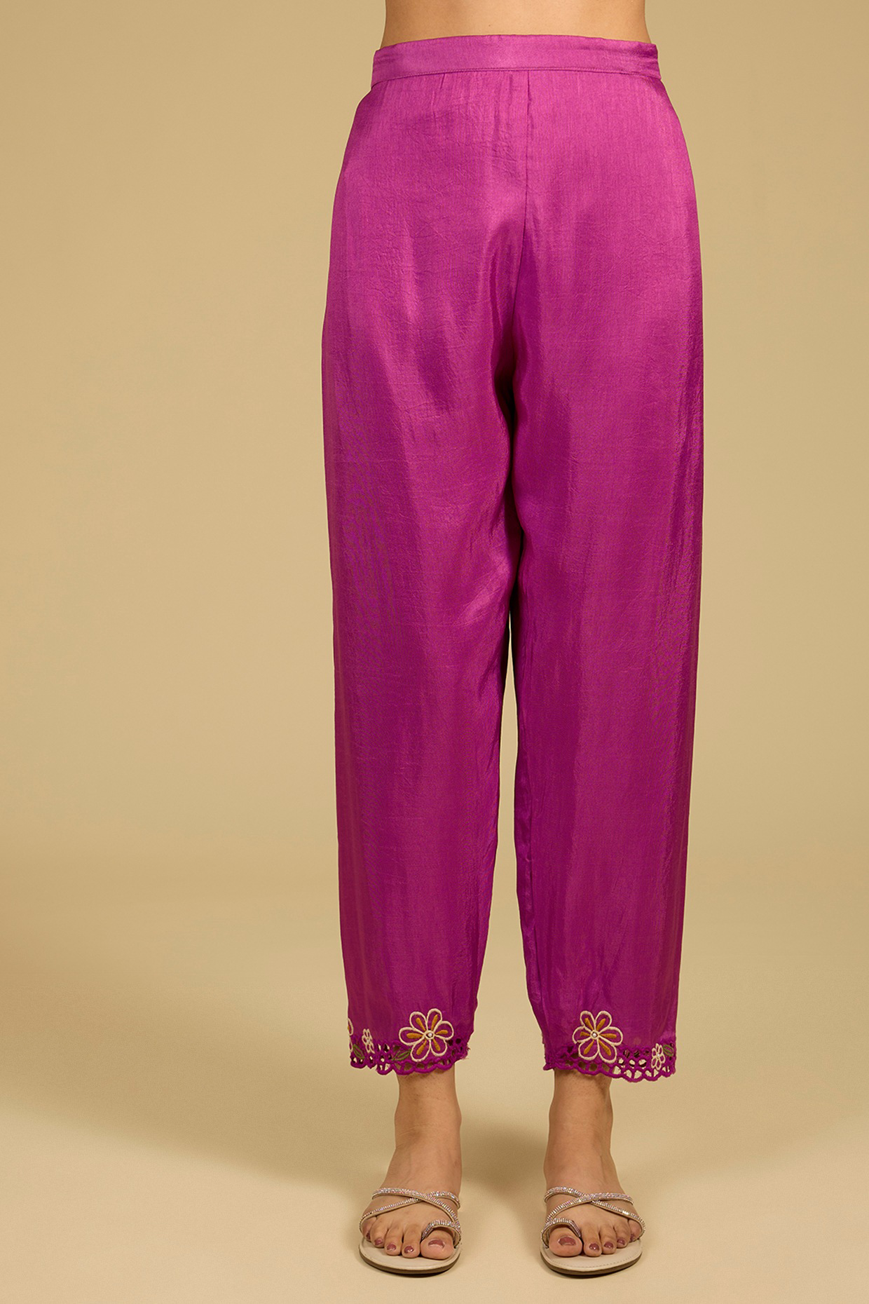 Deep Pink Cotton Chanderi Thread Work Kurta Set