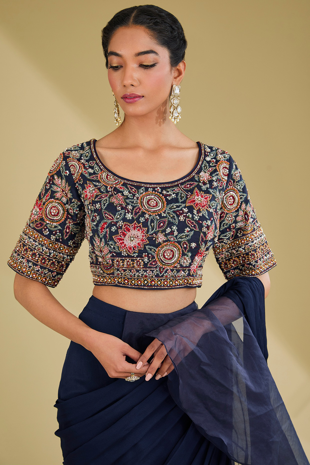 Navy Blue Organza Draped Ruffled Saree Set