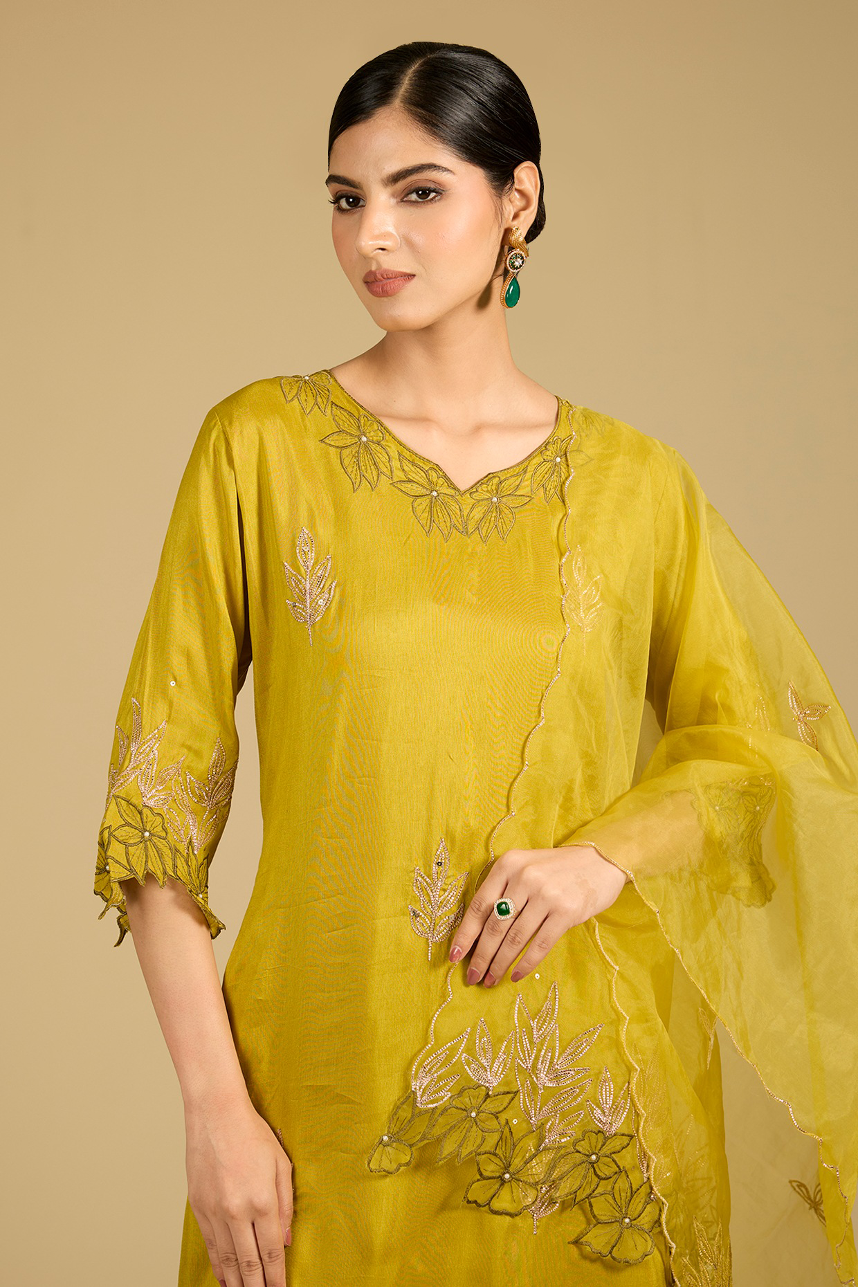 Lime Green Cotton Chanderi Applique Work Kurta Set
