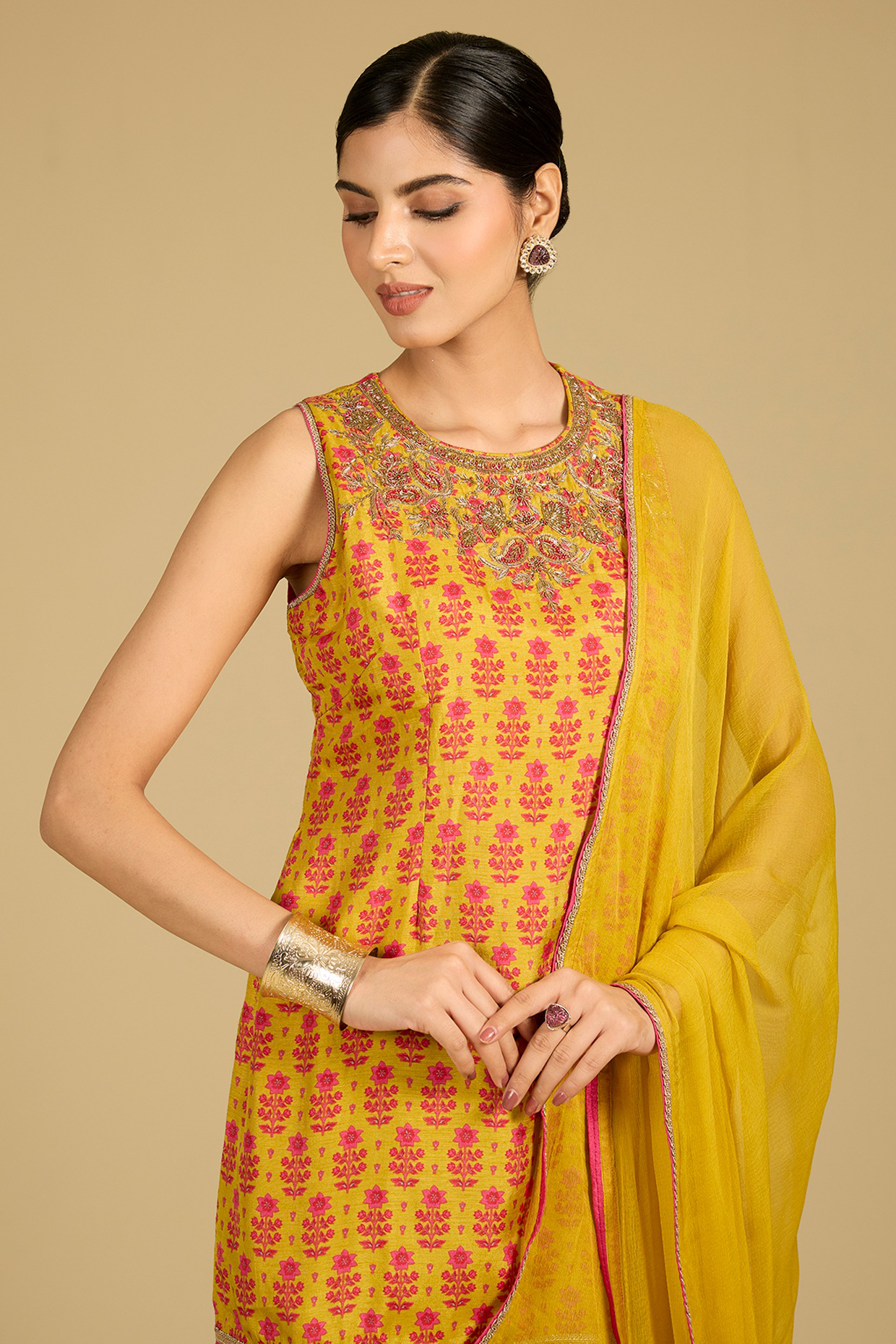 Mustard Dola Silk Zardosi Work & Printed Kurta Set