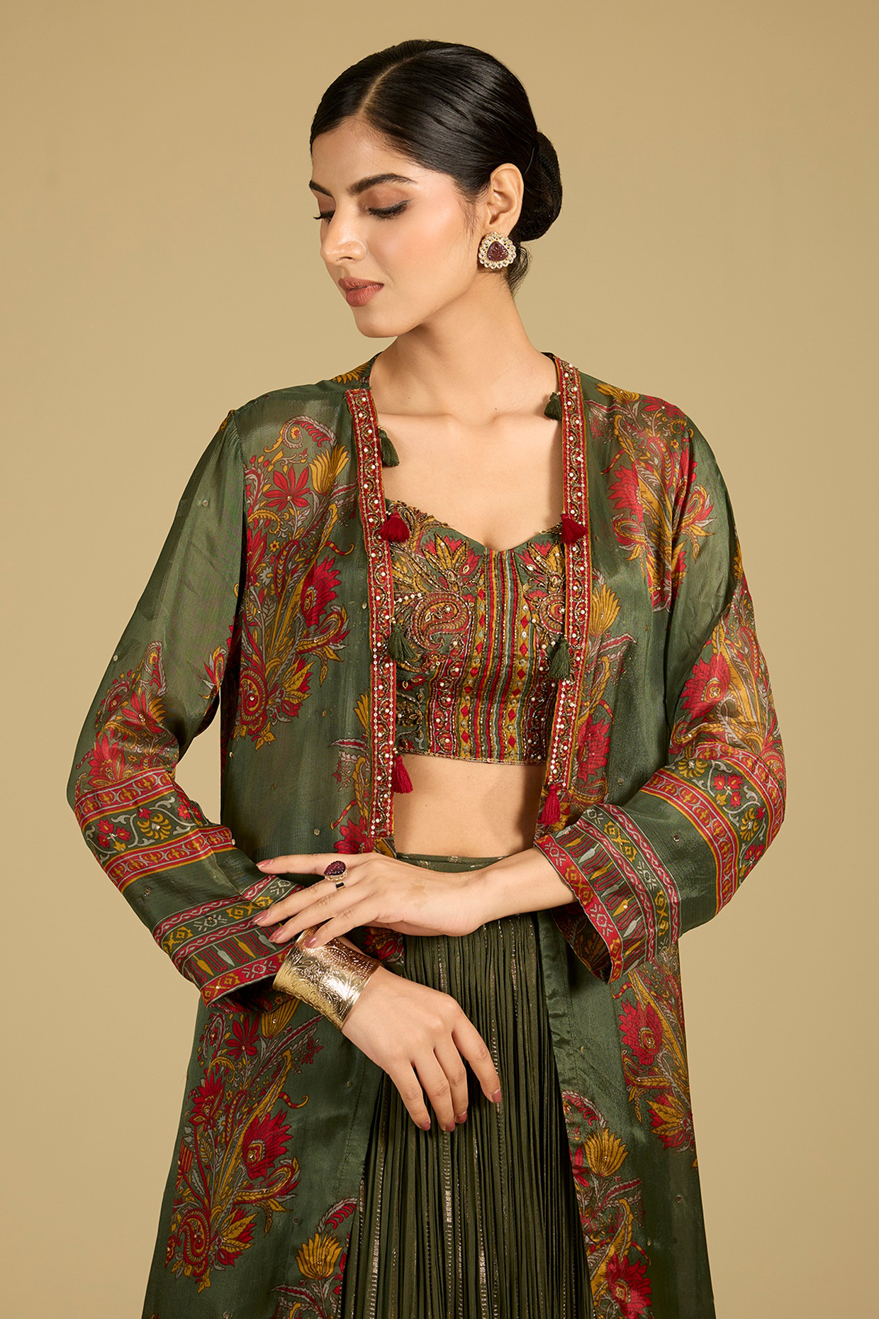 Sage Green Chinon Georgette Printed Jacket Set