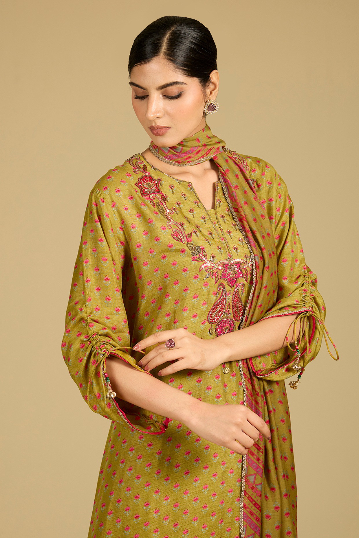 Mustard Dola Silk Printed & Bead Work Kurta Set