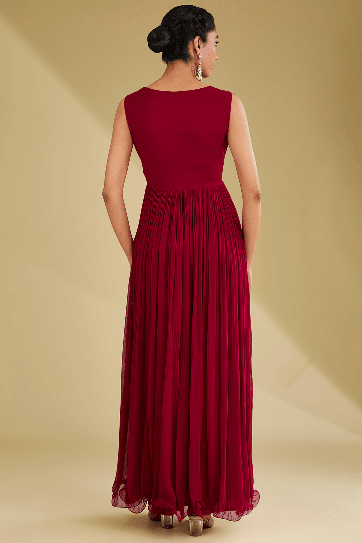 Red Georgette Sequins Embroidered Gown With Jacket