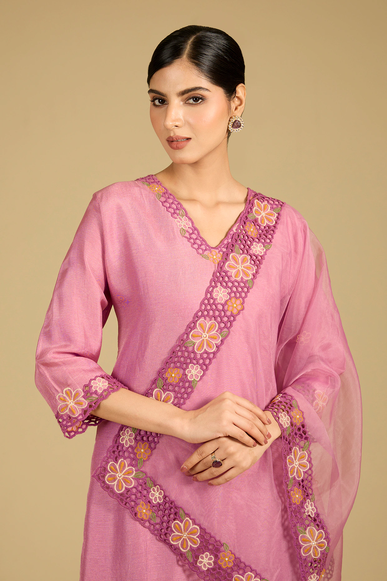 Lavender Pink Cotton Chanderi Thread Work Kurta Set
