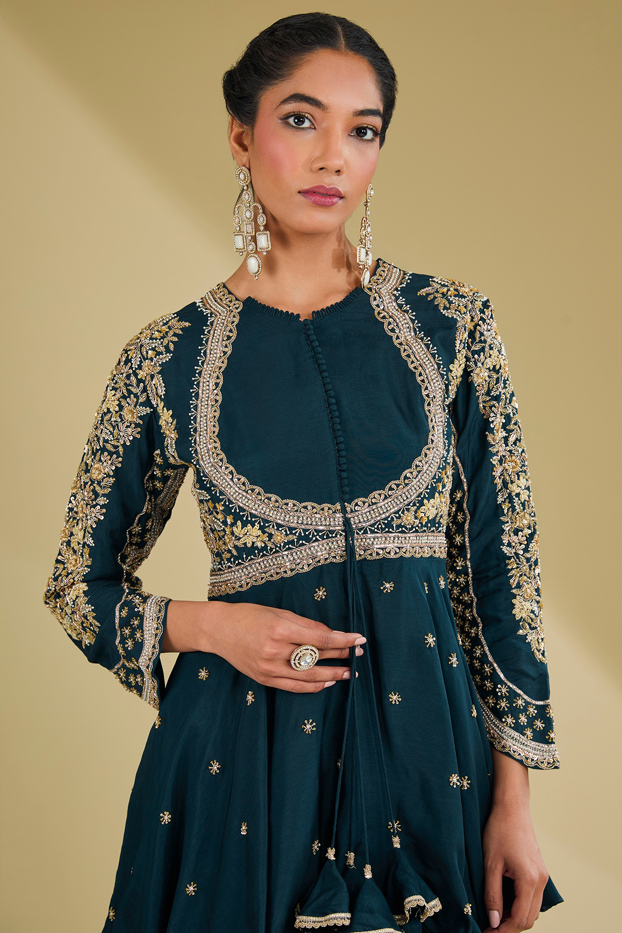 Navy Blue Dupion Silk Cutdana Embroidered Anarkali Set