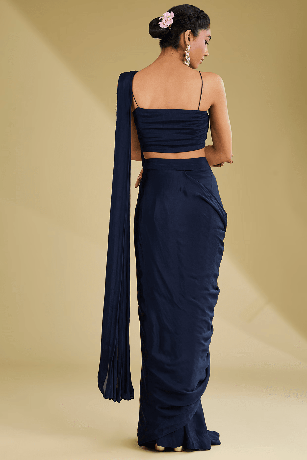 Navy Blue Chinon Georgette Cutdana Embroidered Pre-Stitched Saree Set