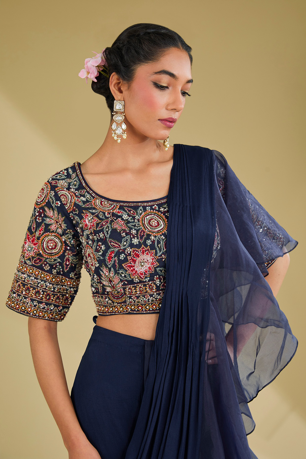 Navy Blue Organza Draped Ruffled Saree Set
