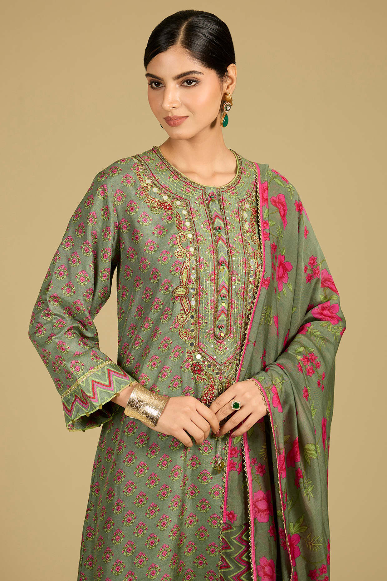 Sage Green Dola Silk Sequins Work & Printed Kurta Set