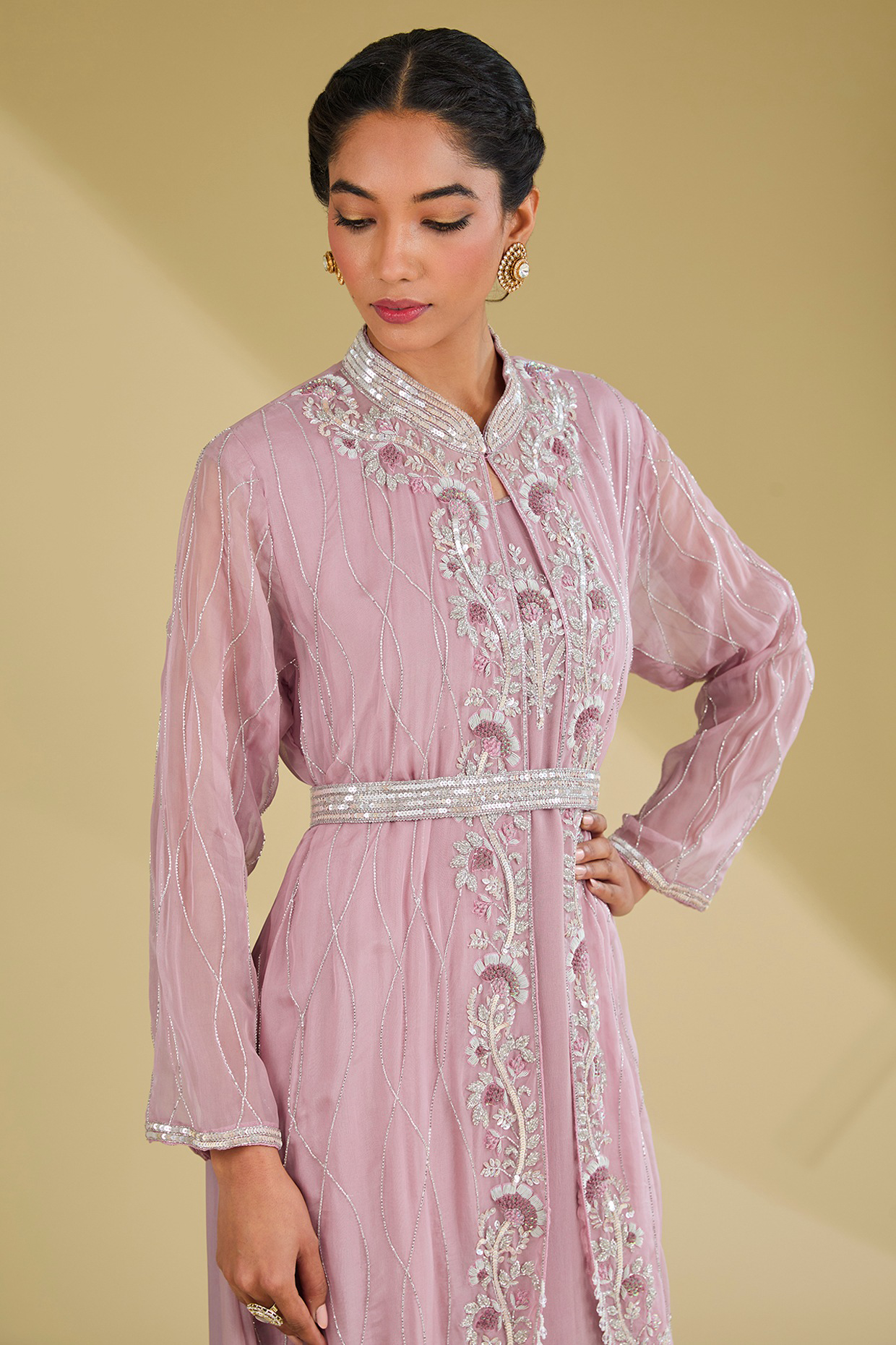 Lilac Georgette Gown With Embellished Jacket