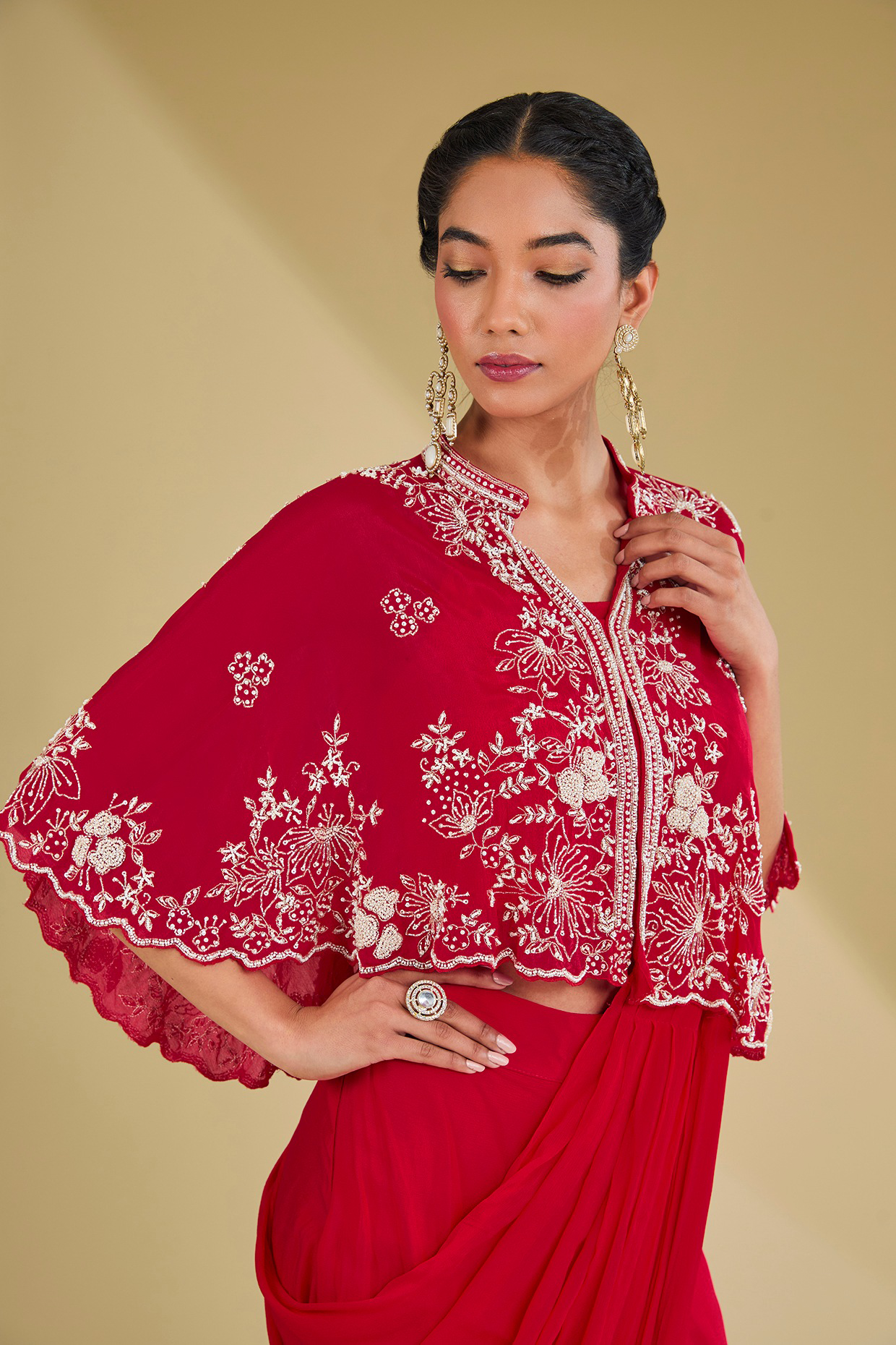 Tomato Red Chinon Georgette Cutdana Embroidered Pleated Stitched Saree Set