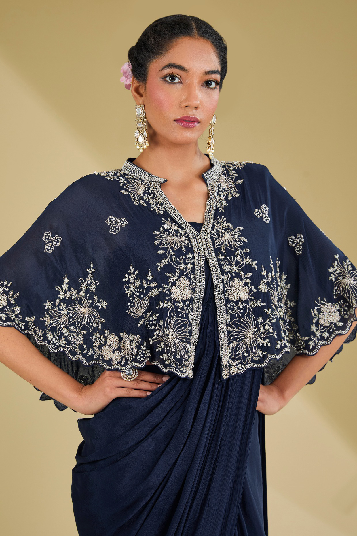 Navy Blue Chinon Georgette Cutdana Embroidered Pre-Stitched Saree Set
