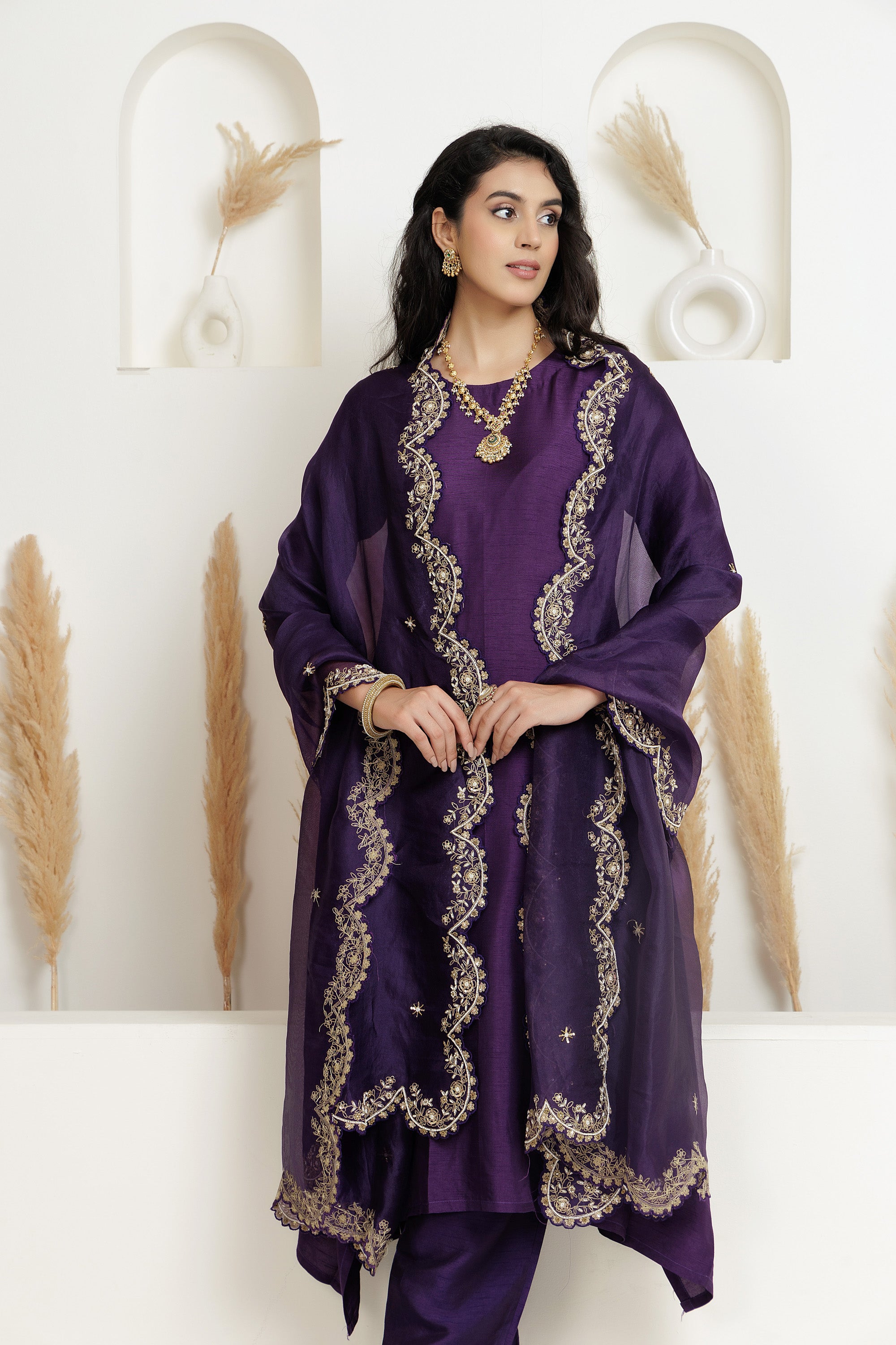 Purple A line Suit set with Organza Dupatta
