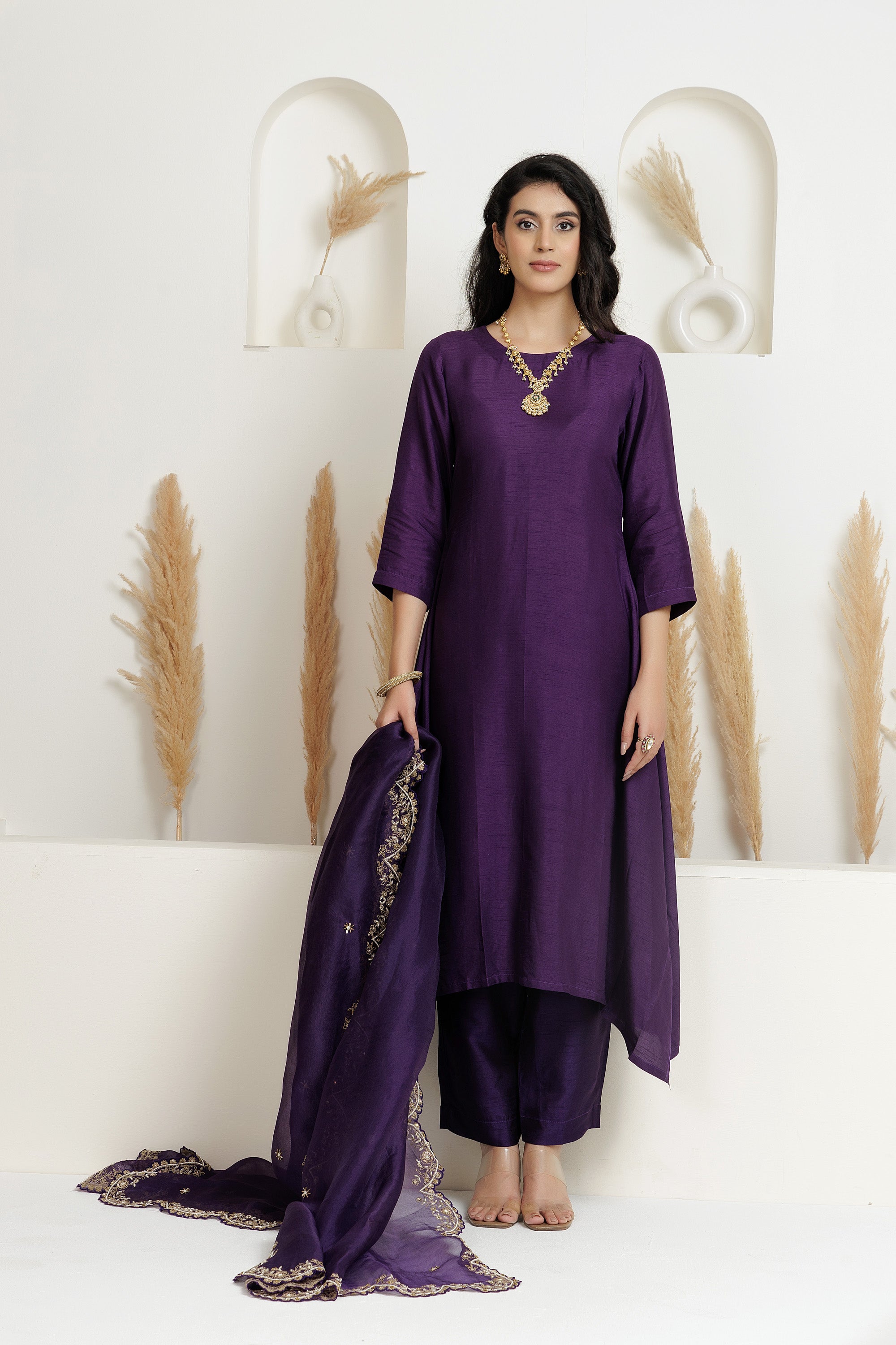 Purple A line Suit set with Organza Dupatta