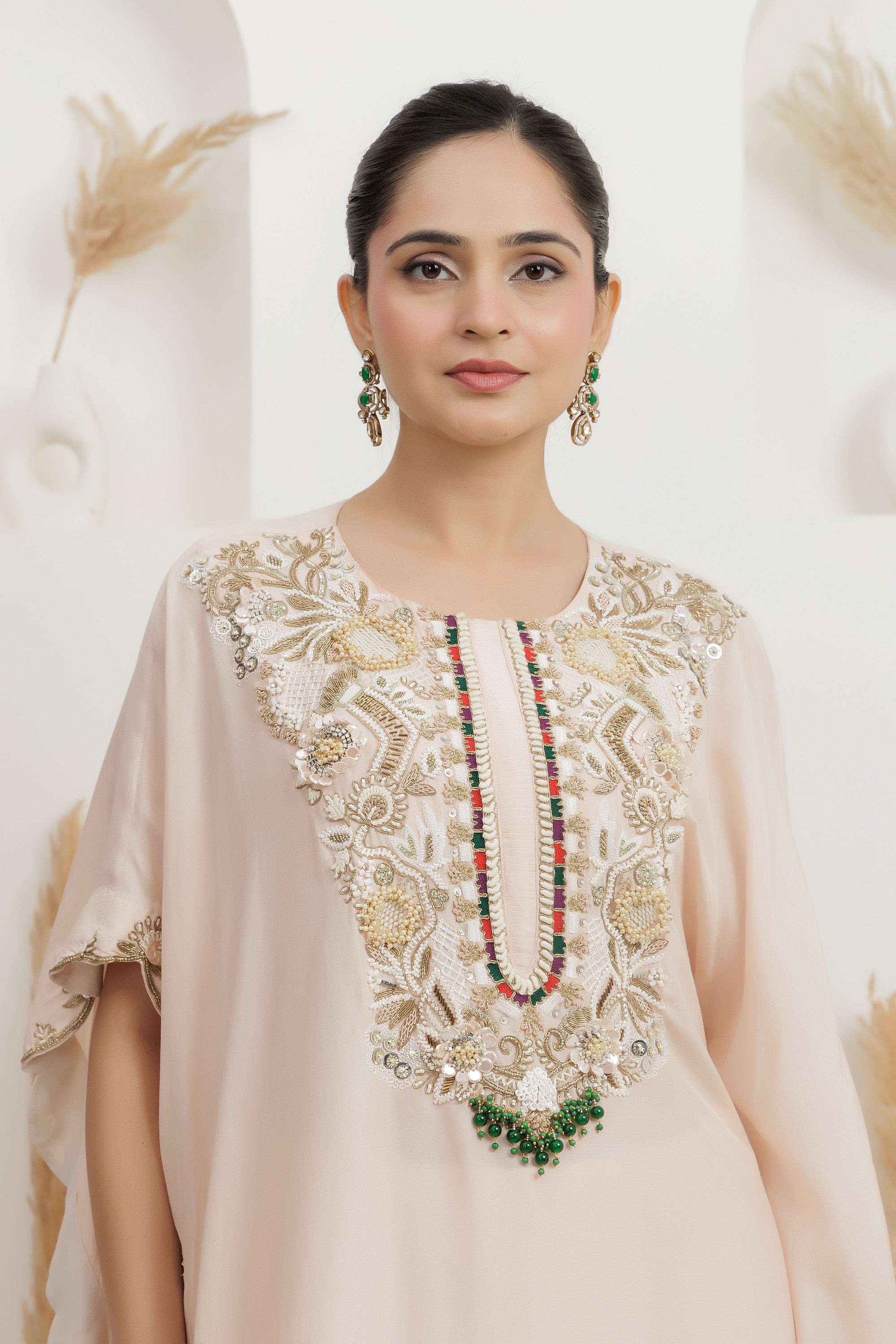 Power pink one side kafttan draped long cape with palazzo set.