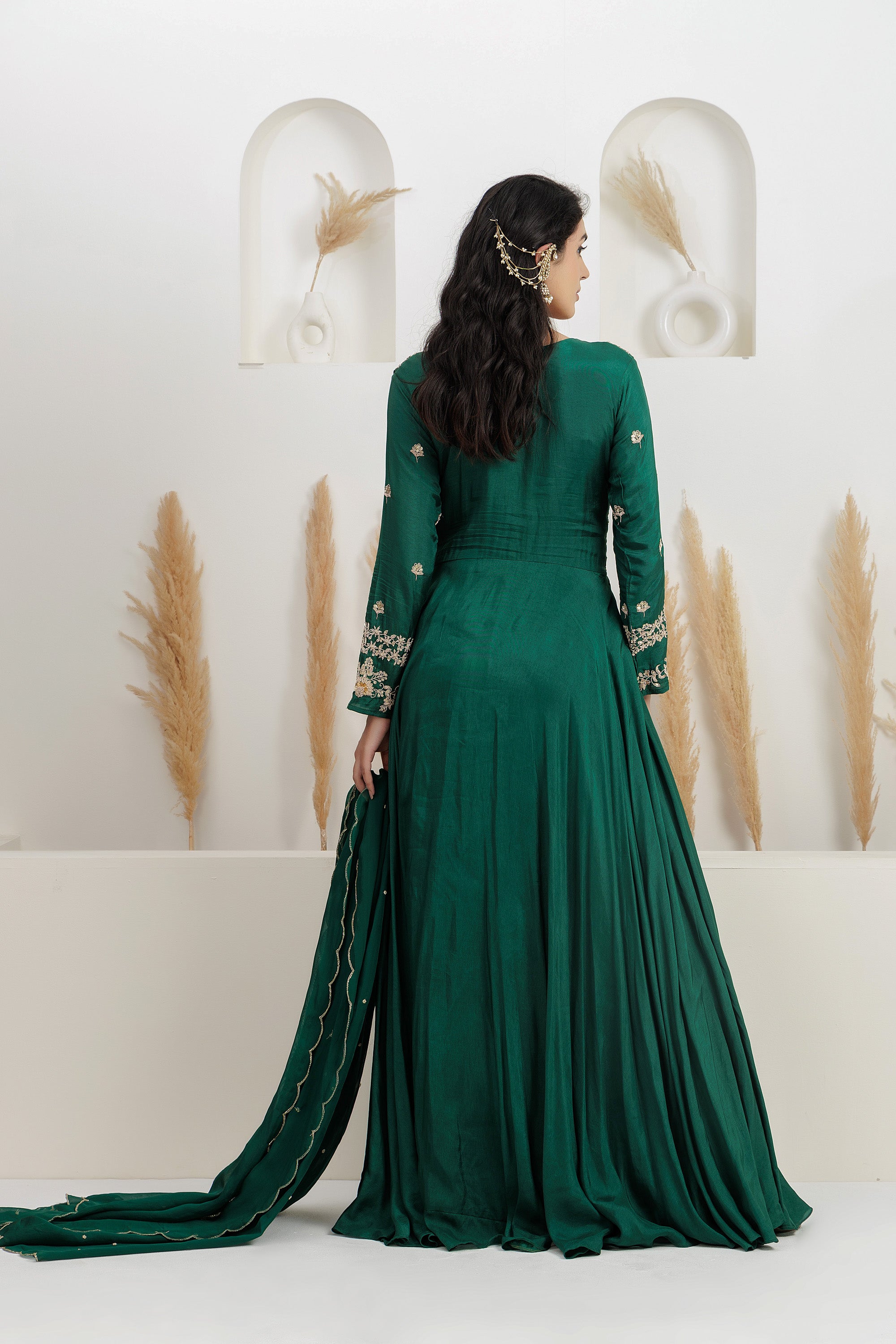 Bottle Green Dupion Silk Dabka Embroidered front open Anarkali with pants and dupatta.