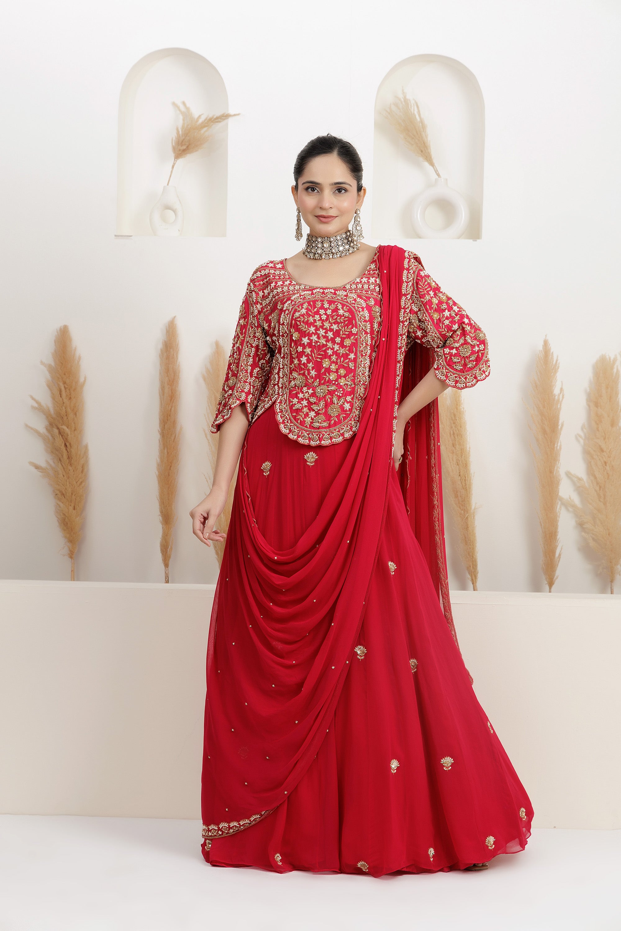 Fuchsia red Georgette Sequins Embroidered Draped Gown Saree