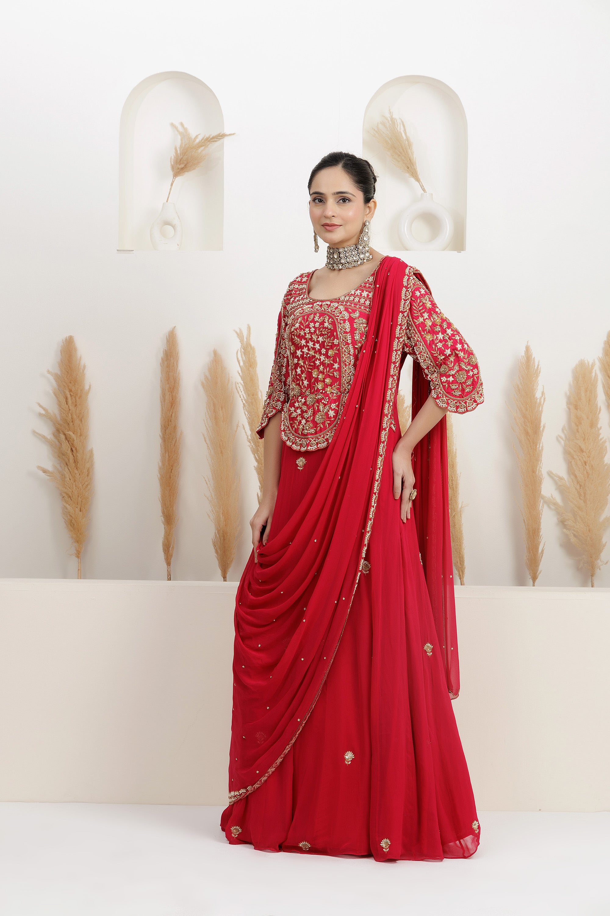 Fuchsia red Georgette Sequins Embroidered Draped Gown Saree