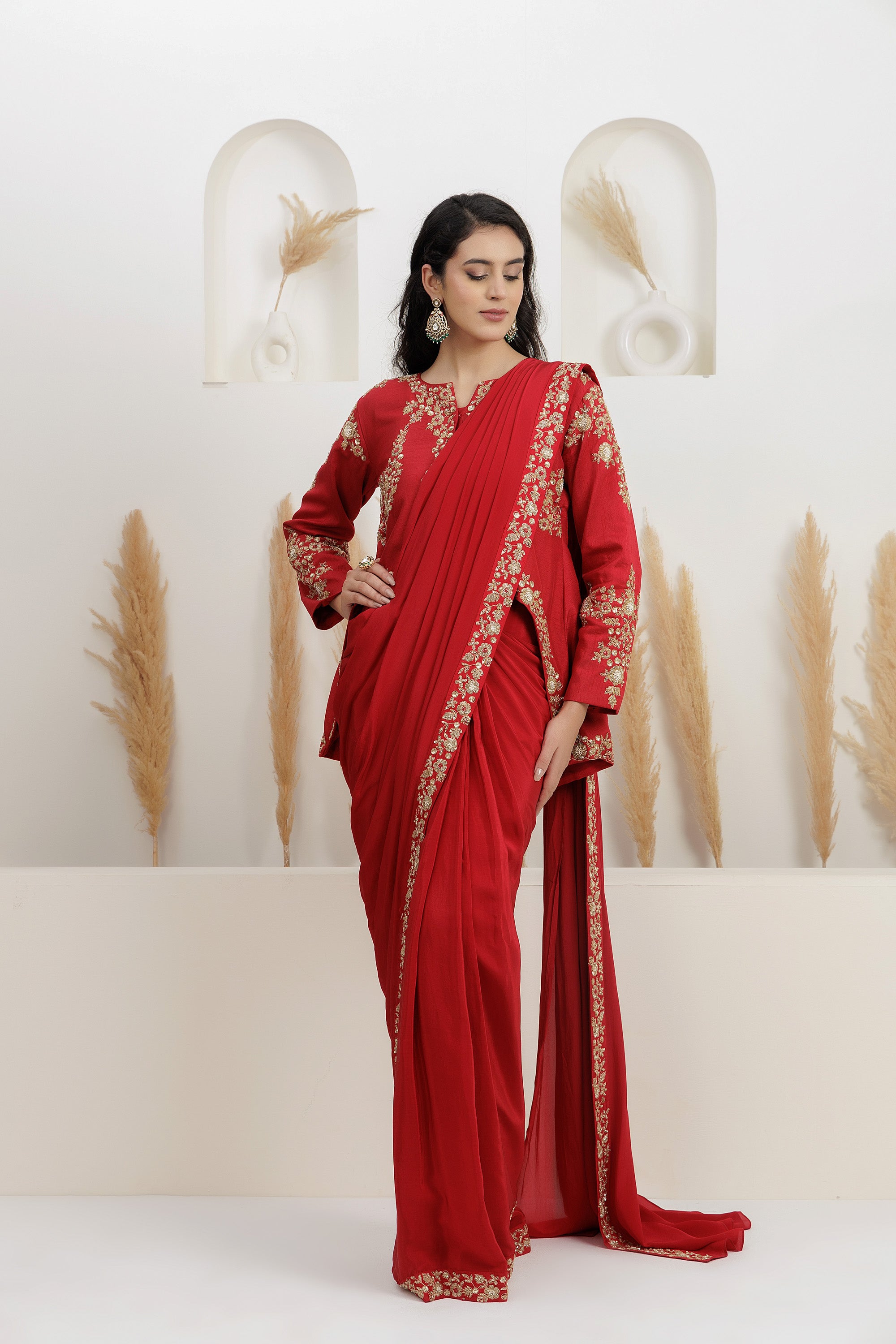 Red Crepe Draped Saree with high low Blouse Set