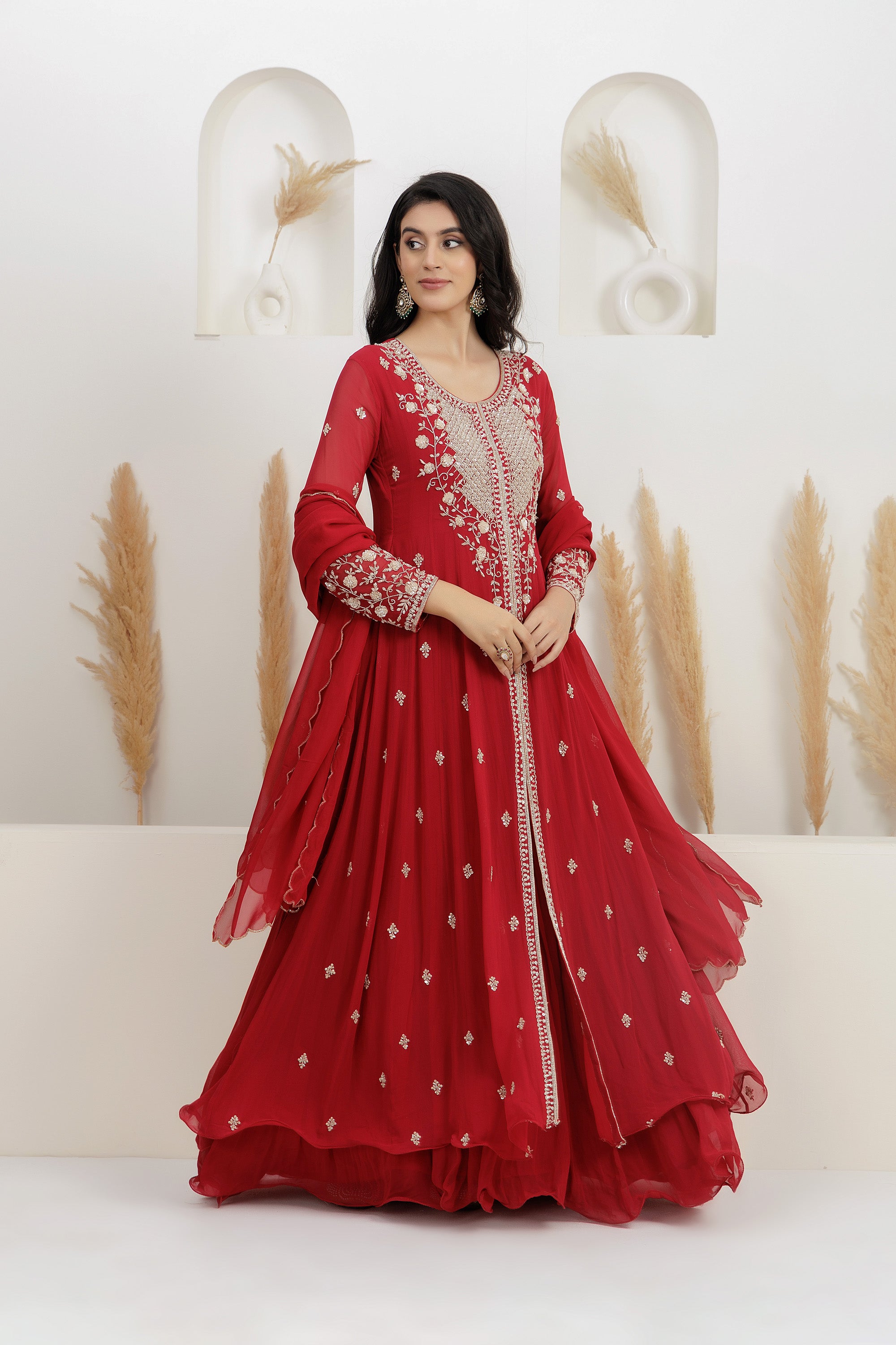 Red Georgette Embroidered Anarkali with Dupatta.