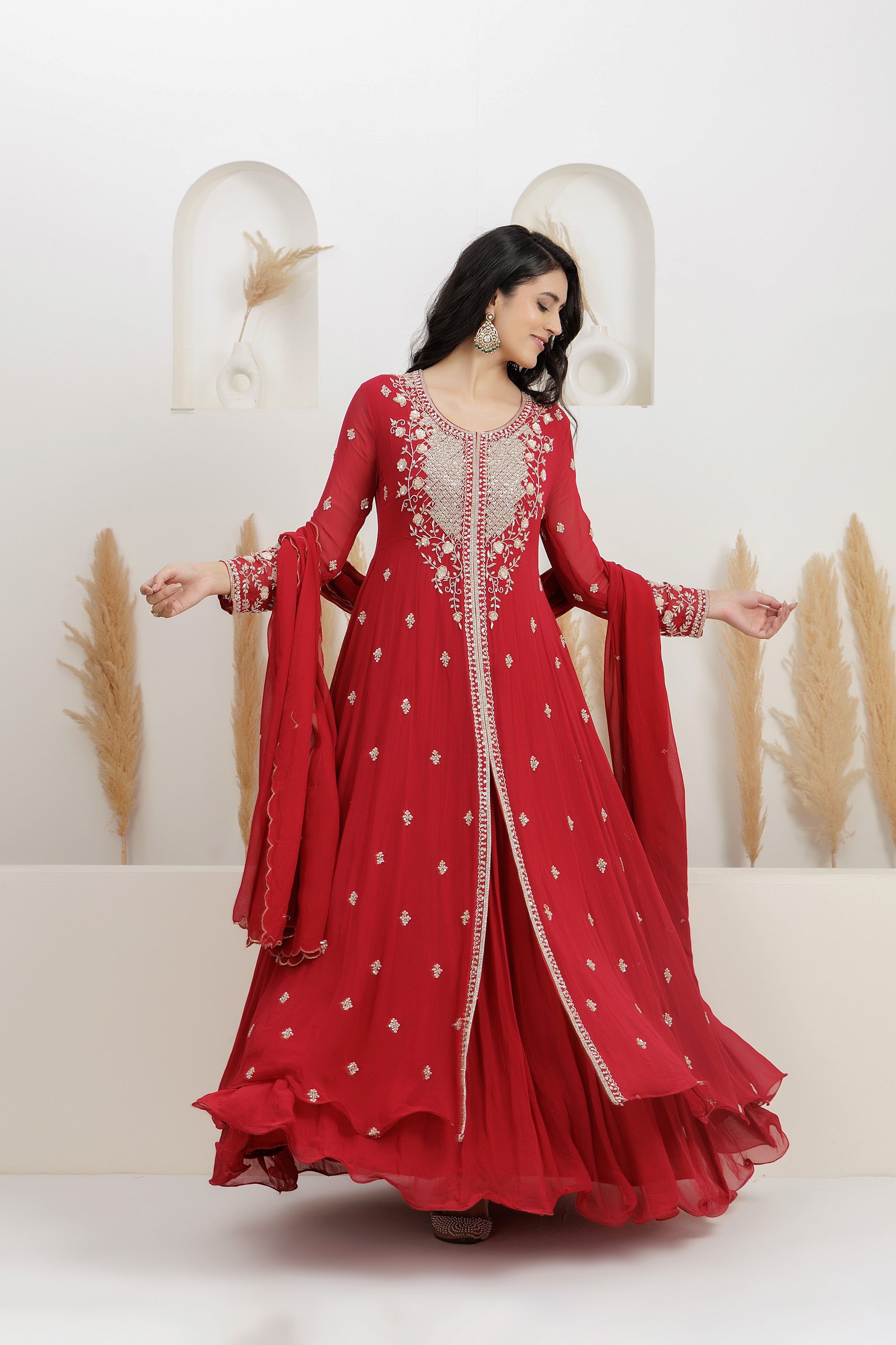 Red Georgette Embroidered Anarkali with Dupatta.