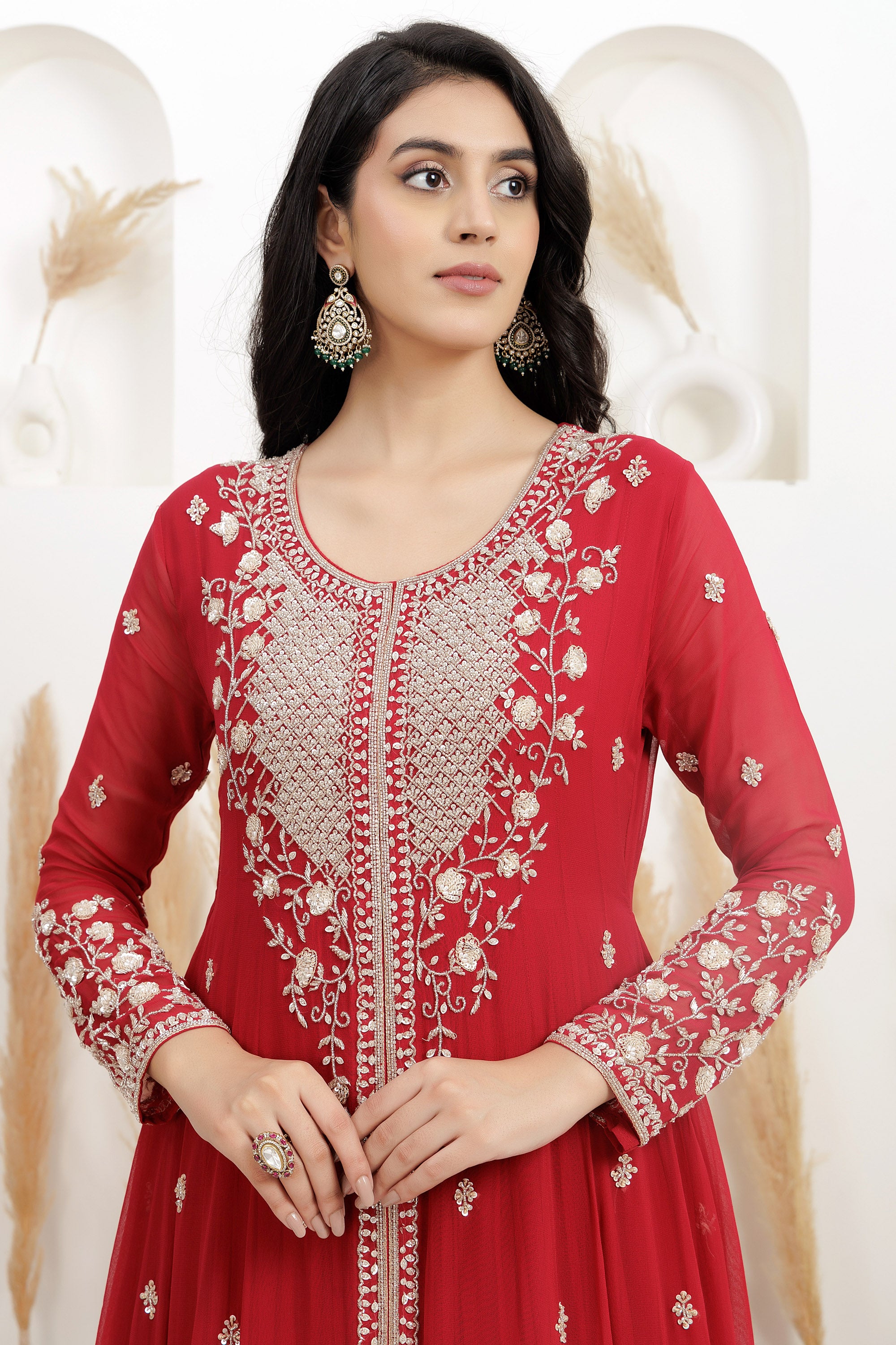 Red Georgette Embroidered Anarkali with Dupatta.