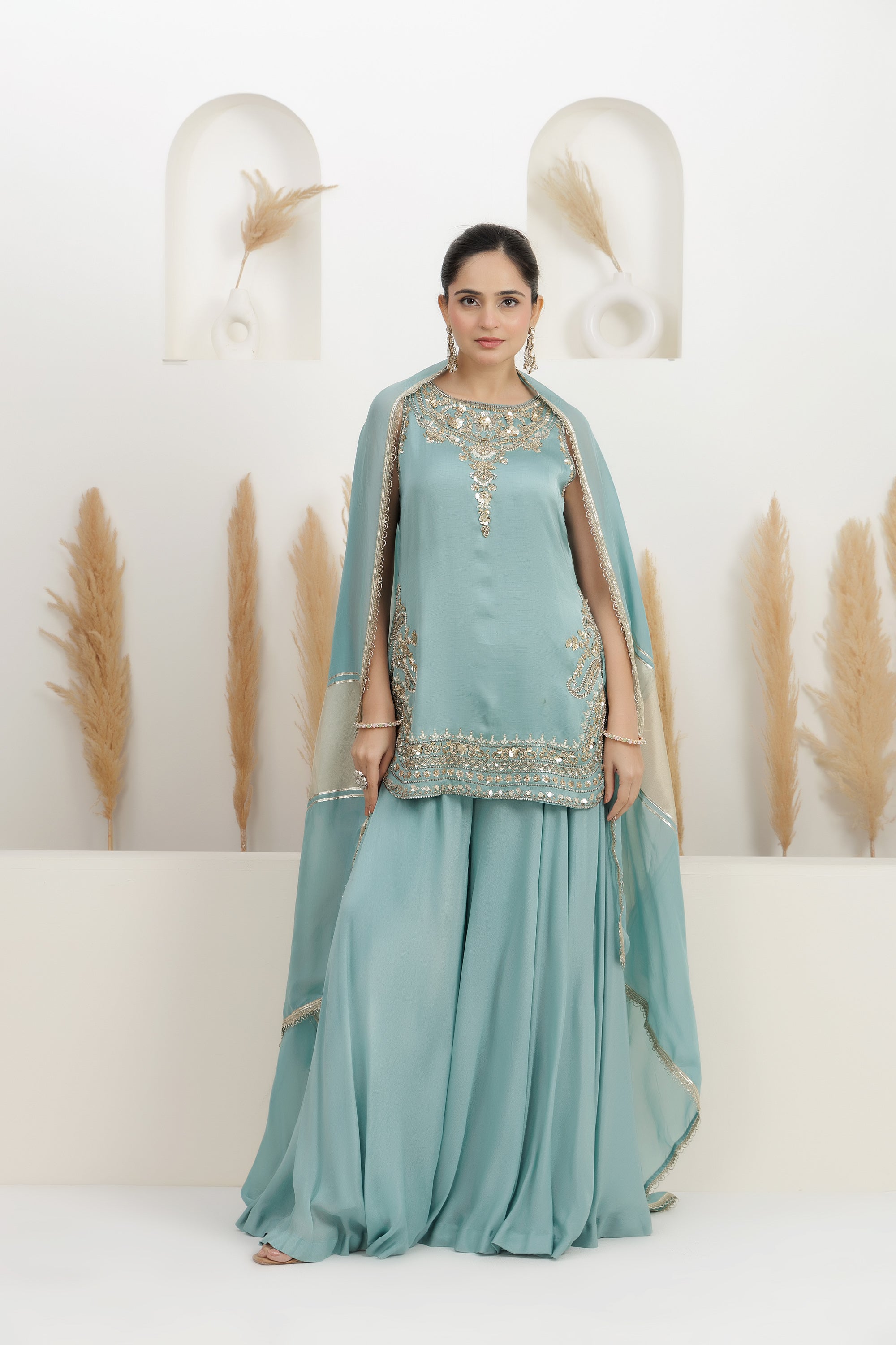 Ice-Blue satin silk Embroidered sharara suit set