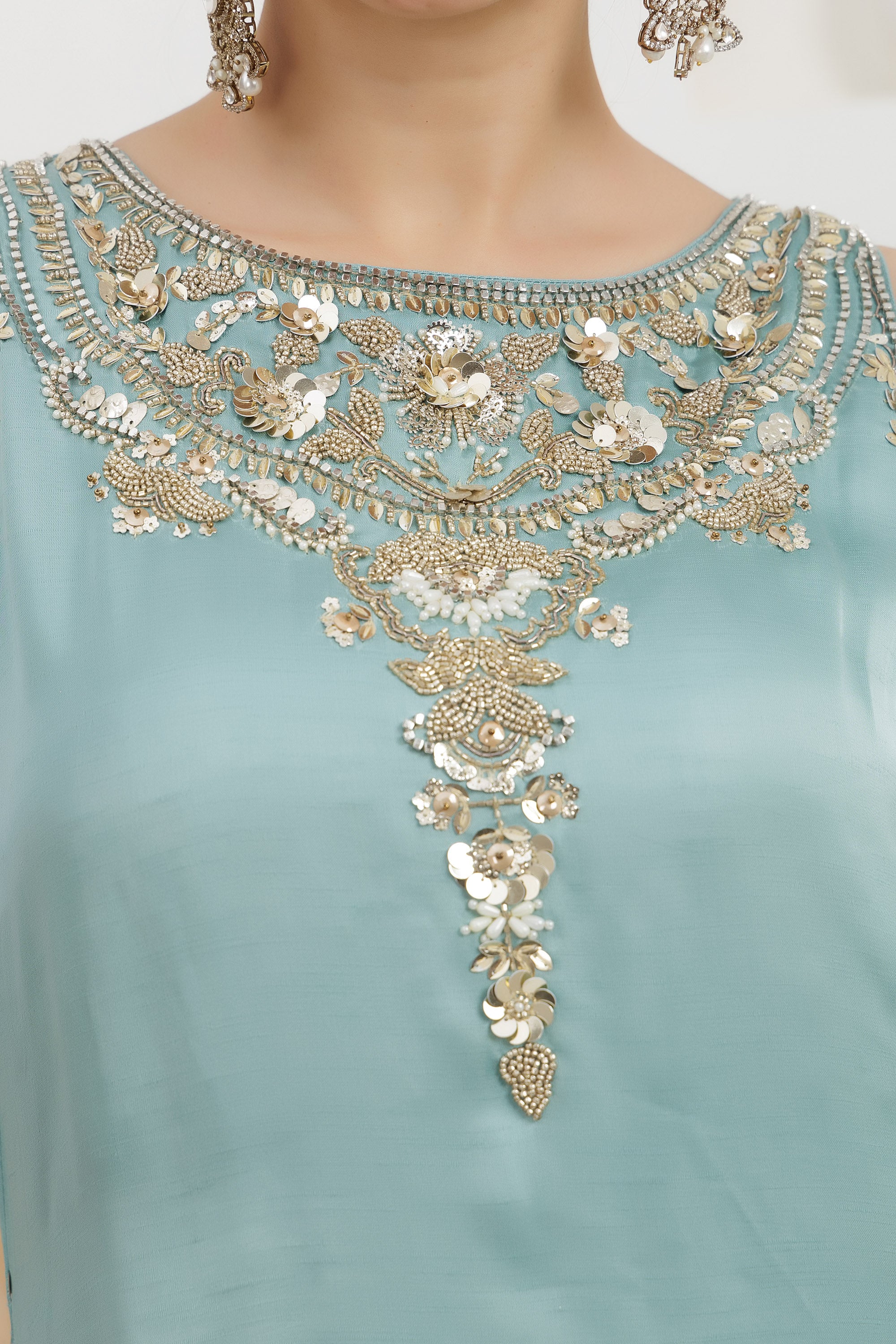 Ice-Blue satin silk Embroidered sharara suit set